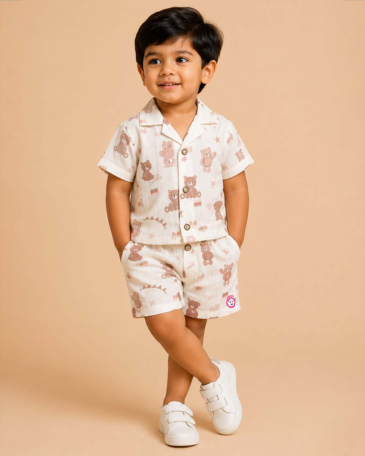 Cream teddy bear printed muslin cotton boys top and shorts set for summer vacations, playdates, and park outings