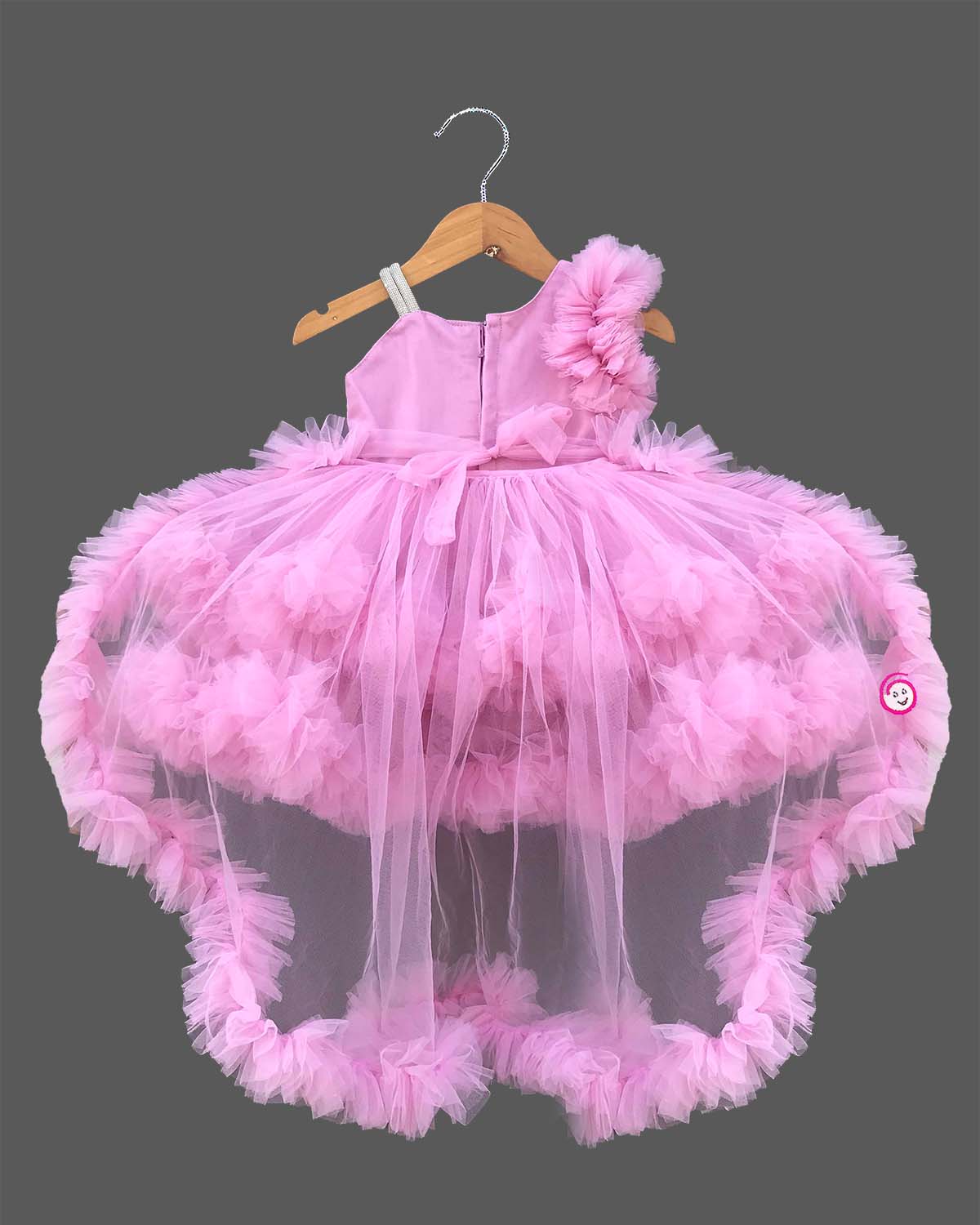 Baby girl designer high low tail frock with tiered net ruffles and sequin embroidery