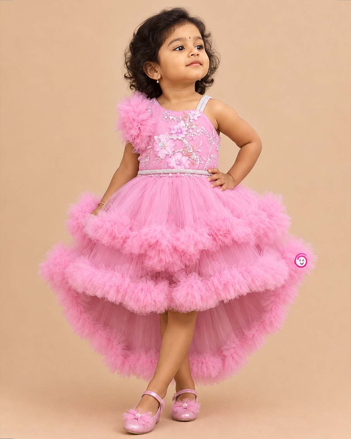 Baby girl designer high low tail frock with tiered net ruffles and sequin embroidery