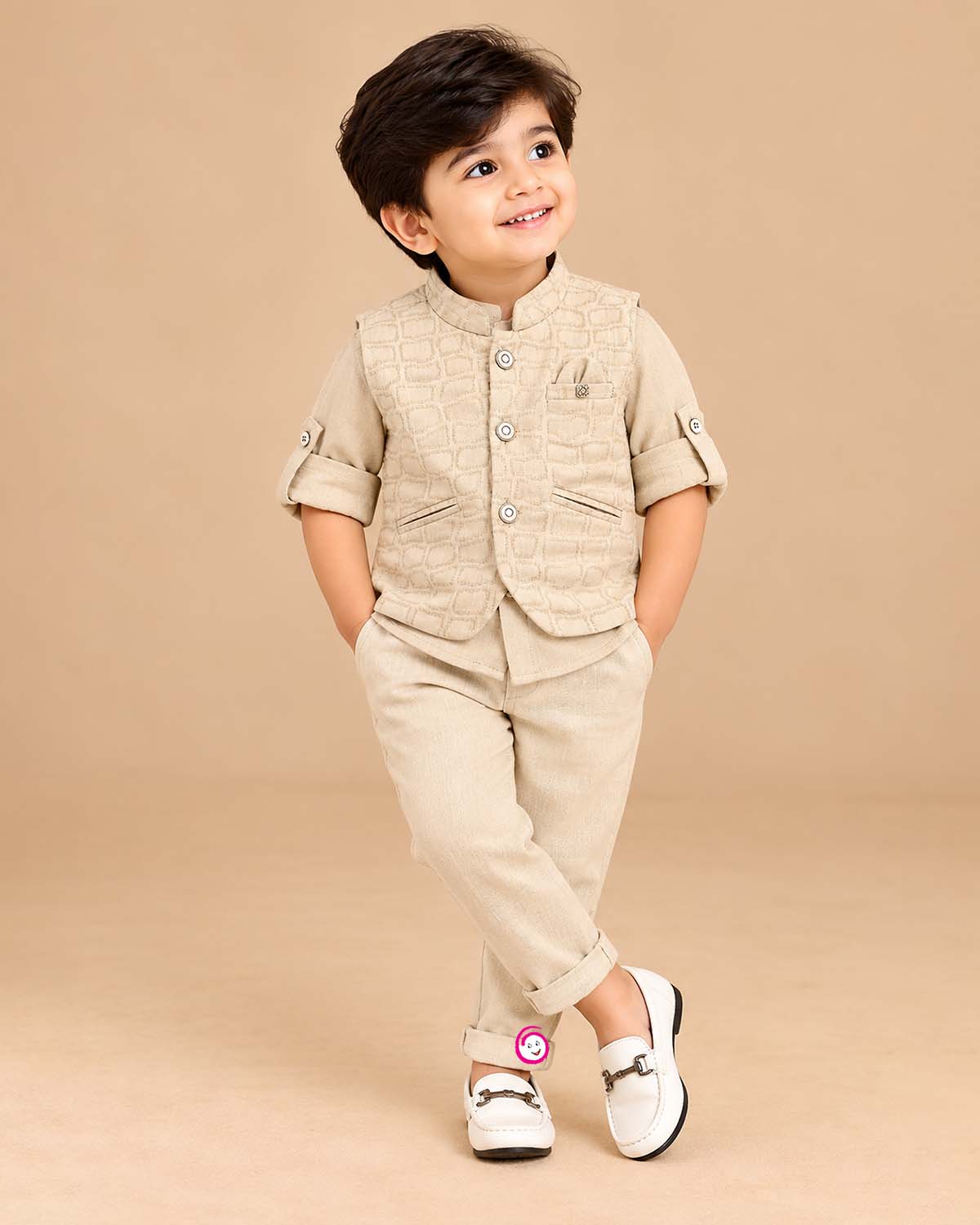 little gentleman textured waistcoat set with full sleeve shirt and trousers for boys suit