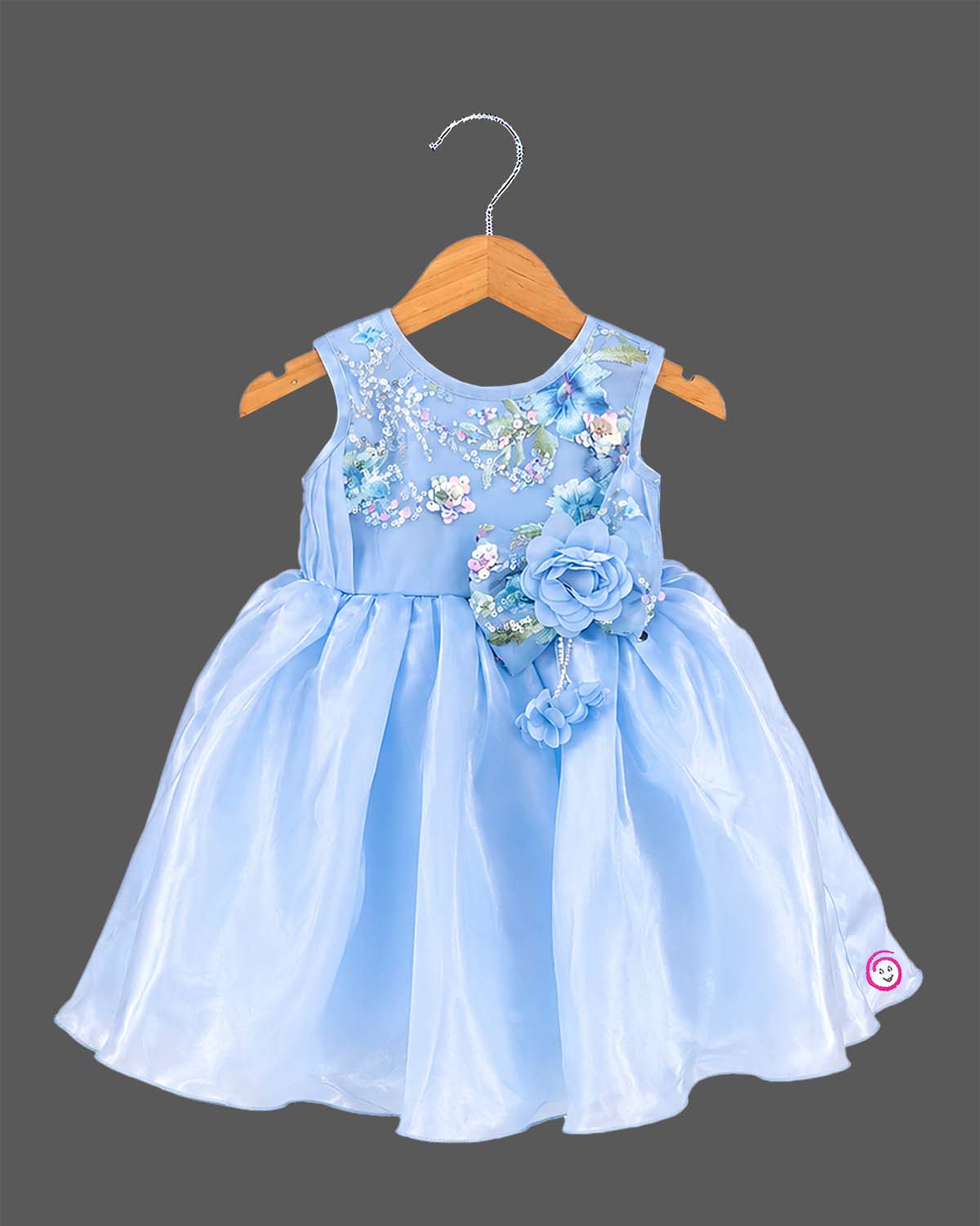 Baby girl floral embroidered party frock with sequin bodice and 3D flower detail