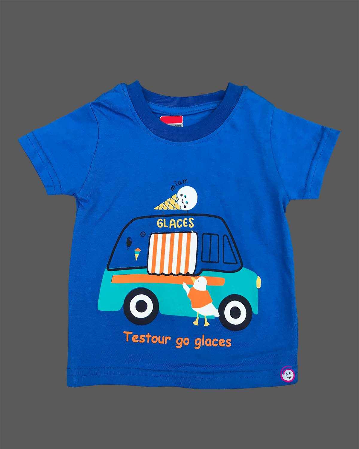 Royal blue graphic t-shirt with ice cream truck print and light wash blue denim elasticated shorts baby boy top and shorts set for summer vacations, playdates, and park outings