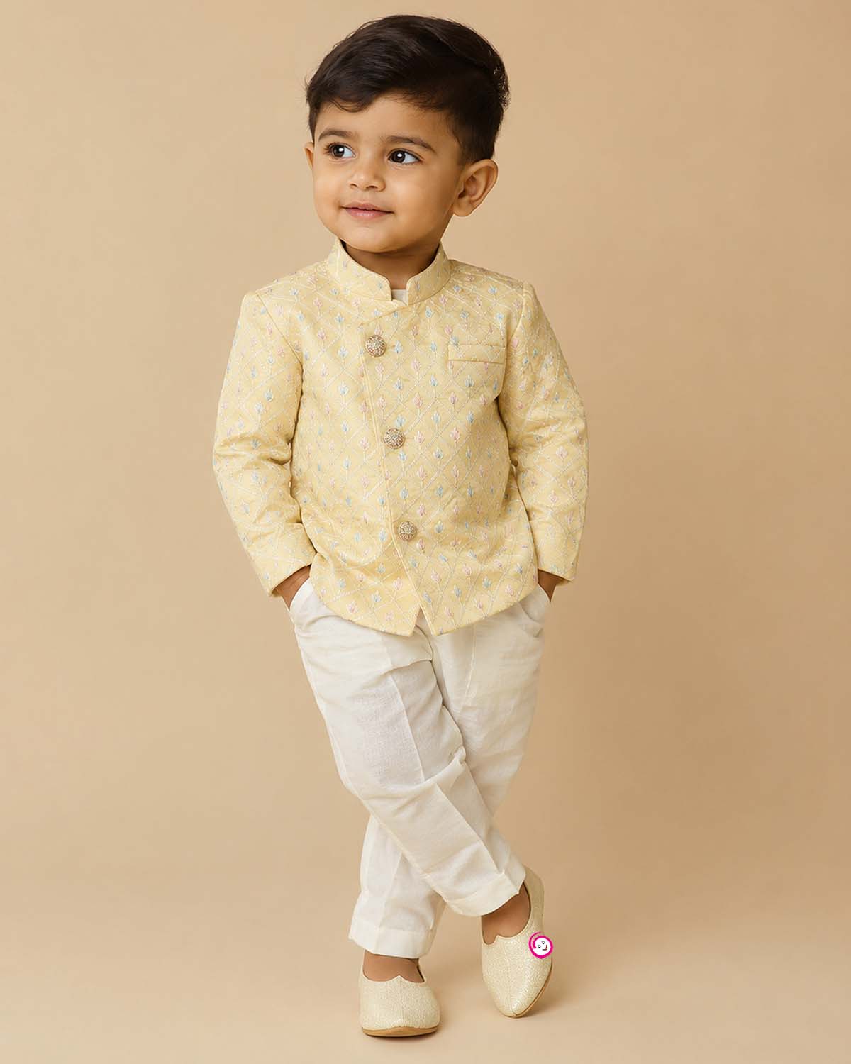 Boys quilted thread embroidered sherwani set with mandarin collar and pyjamas for festive gatherings and haldi ceremonies.