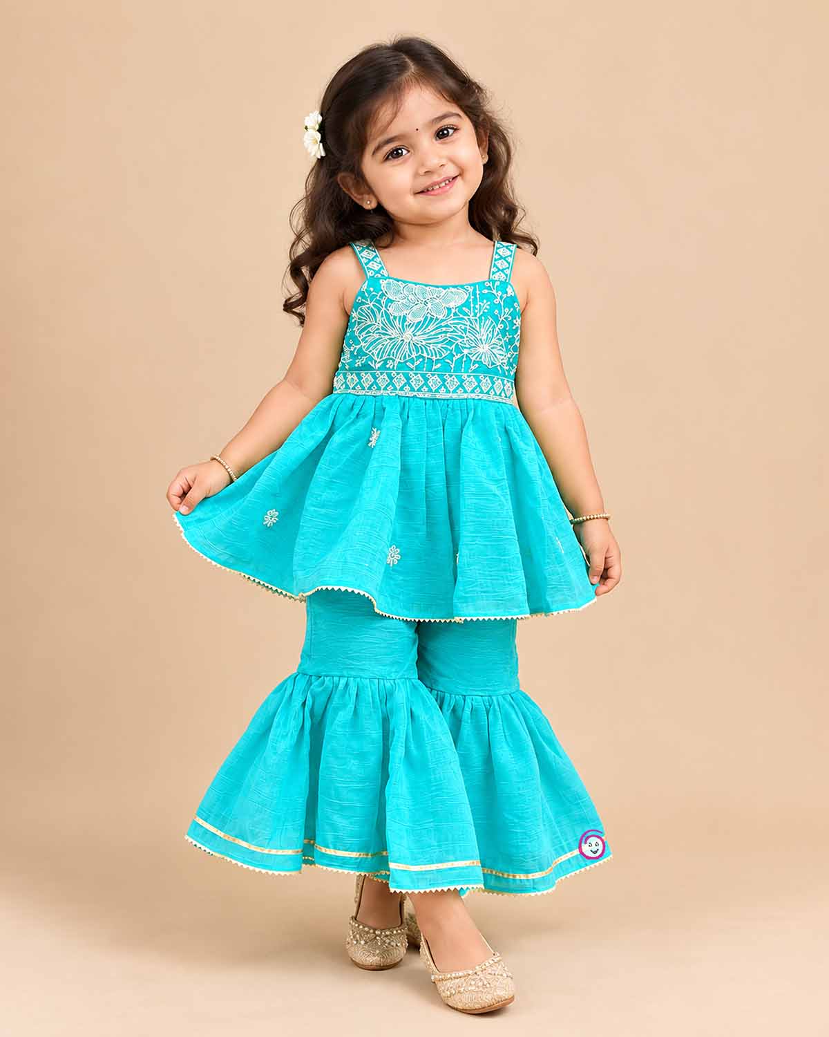 Kids sharara set with floral embroidered bodice, strappy peplum top and flared gota-trim sharara pants
