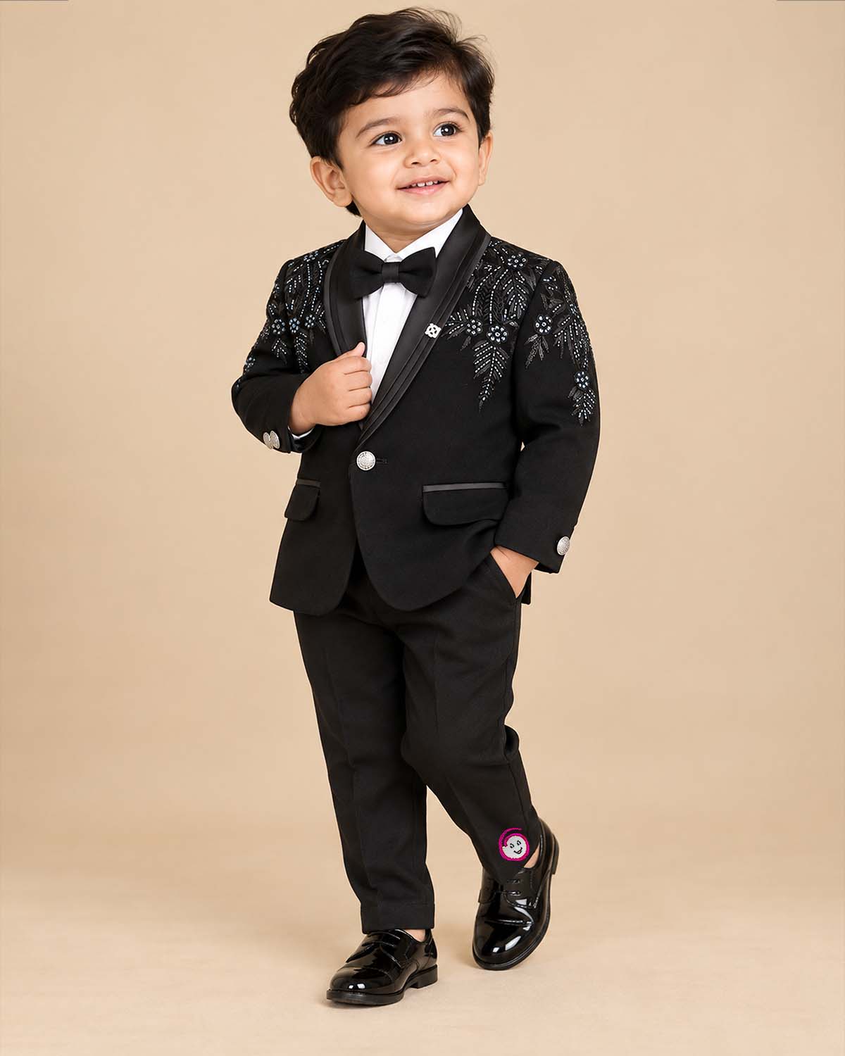 Boys black embroidered formal tuxedo suit set with blazer coat white shirt bow tie and pant for wedding party