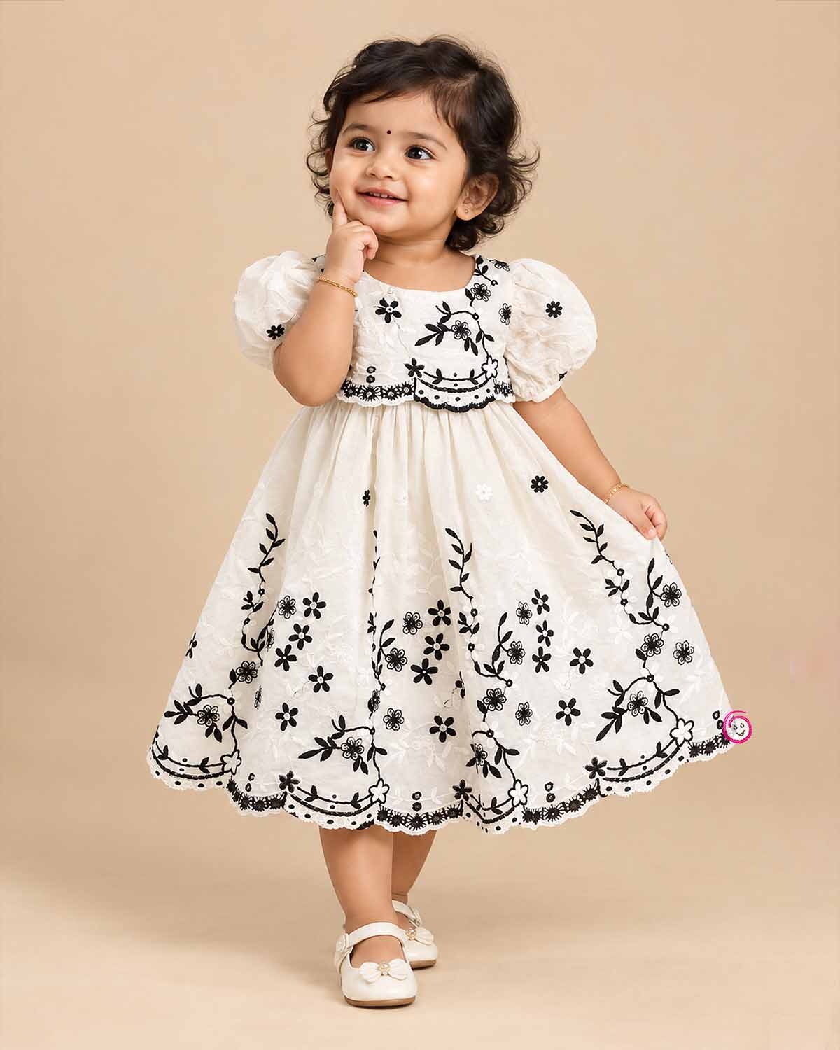 Baby girl floral embroidered casual cotton frock with puff sleeves