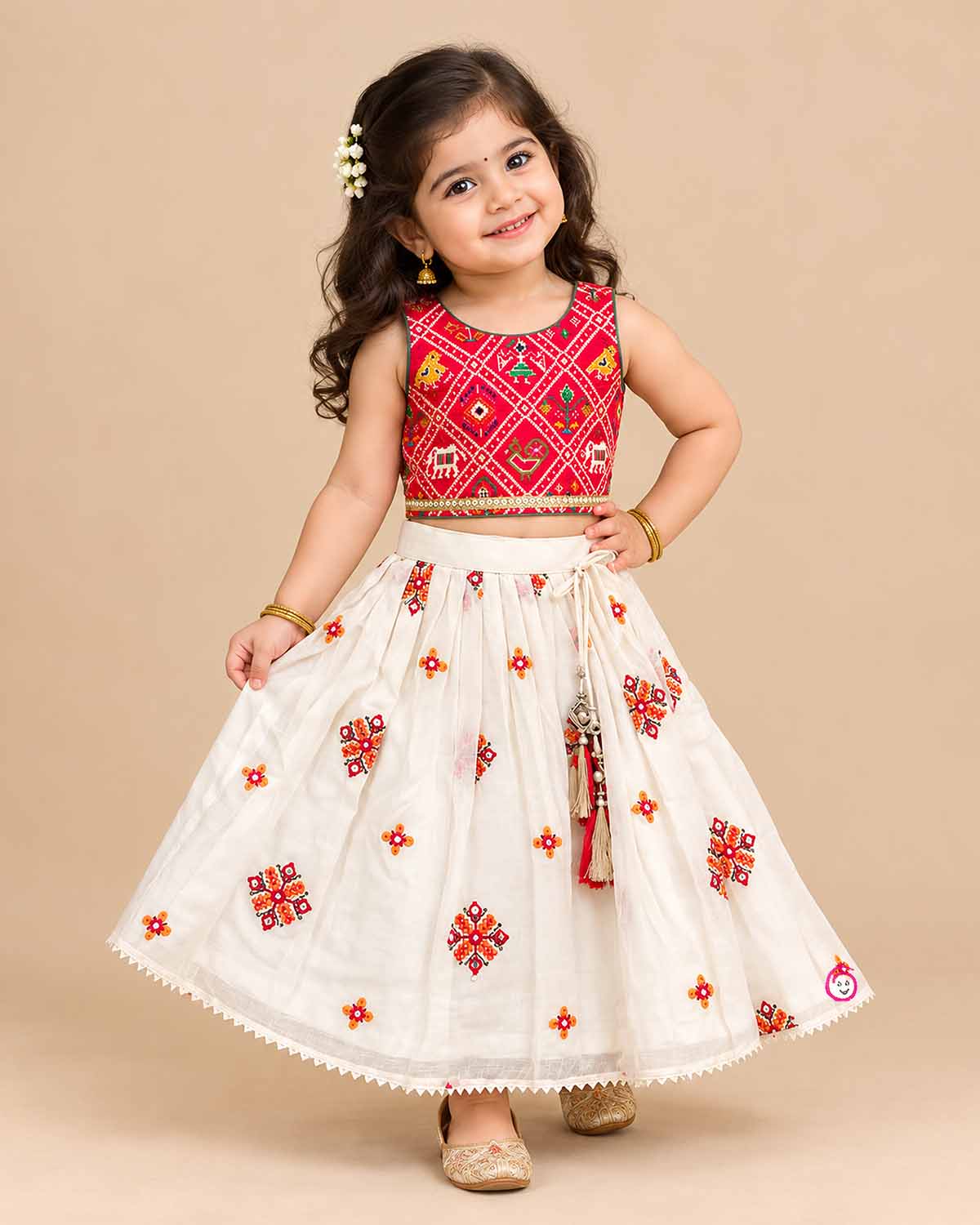 Girls patola print sleeveless choli with pleated mirror work skirt, lehenga choli for kids