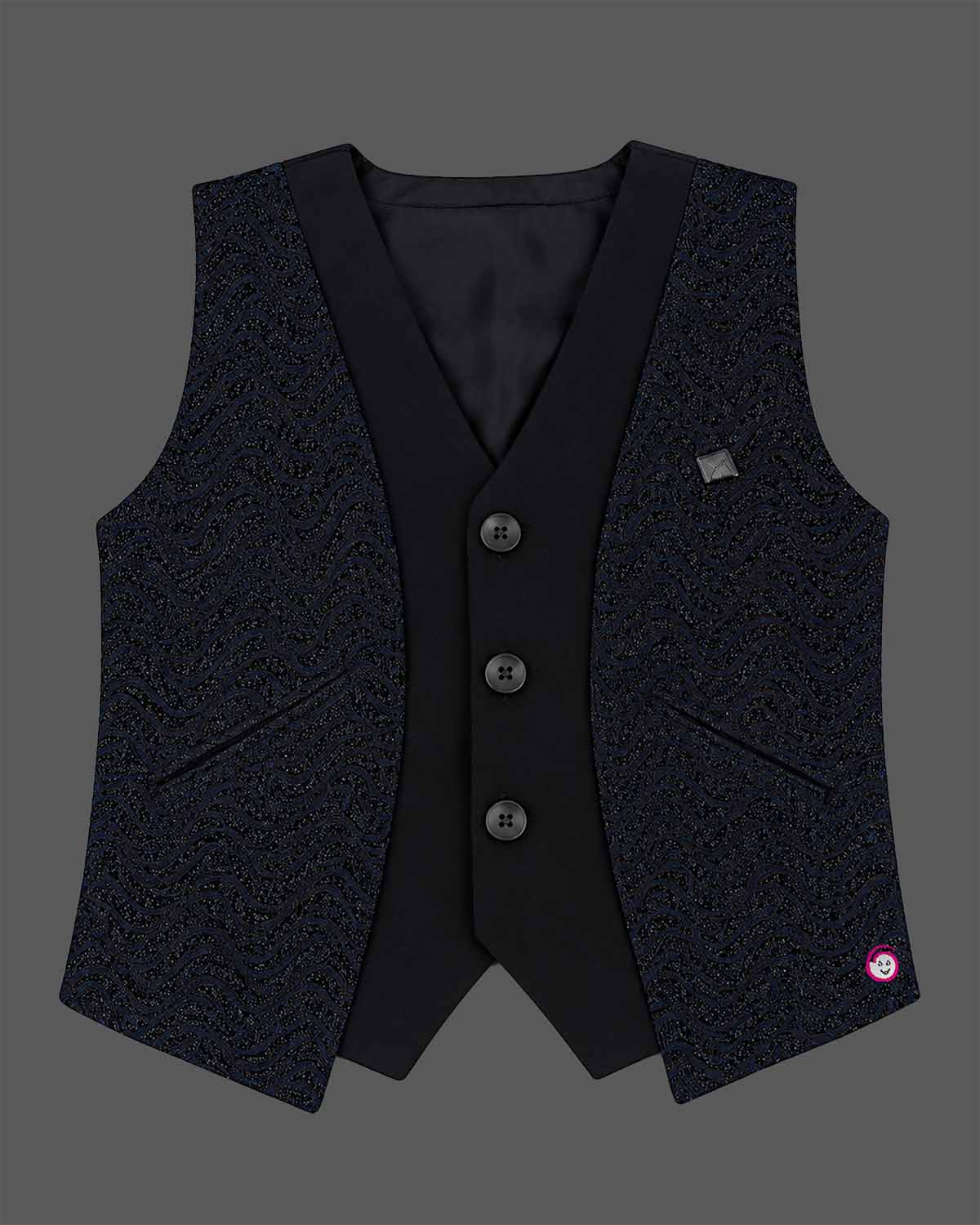 Boys textured jacquard waistcoat suit set with shirt, bow tie, and pant for formal events.
