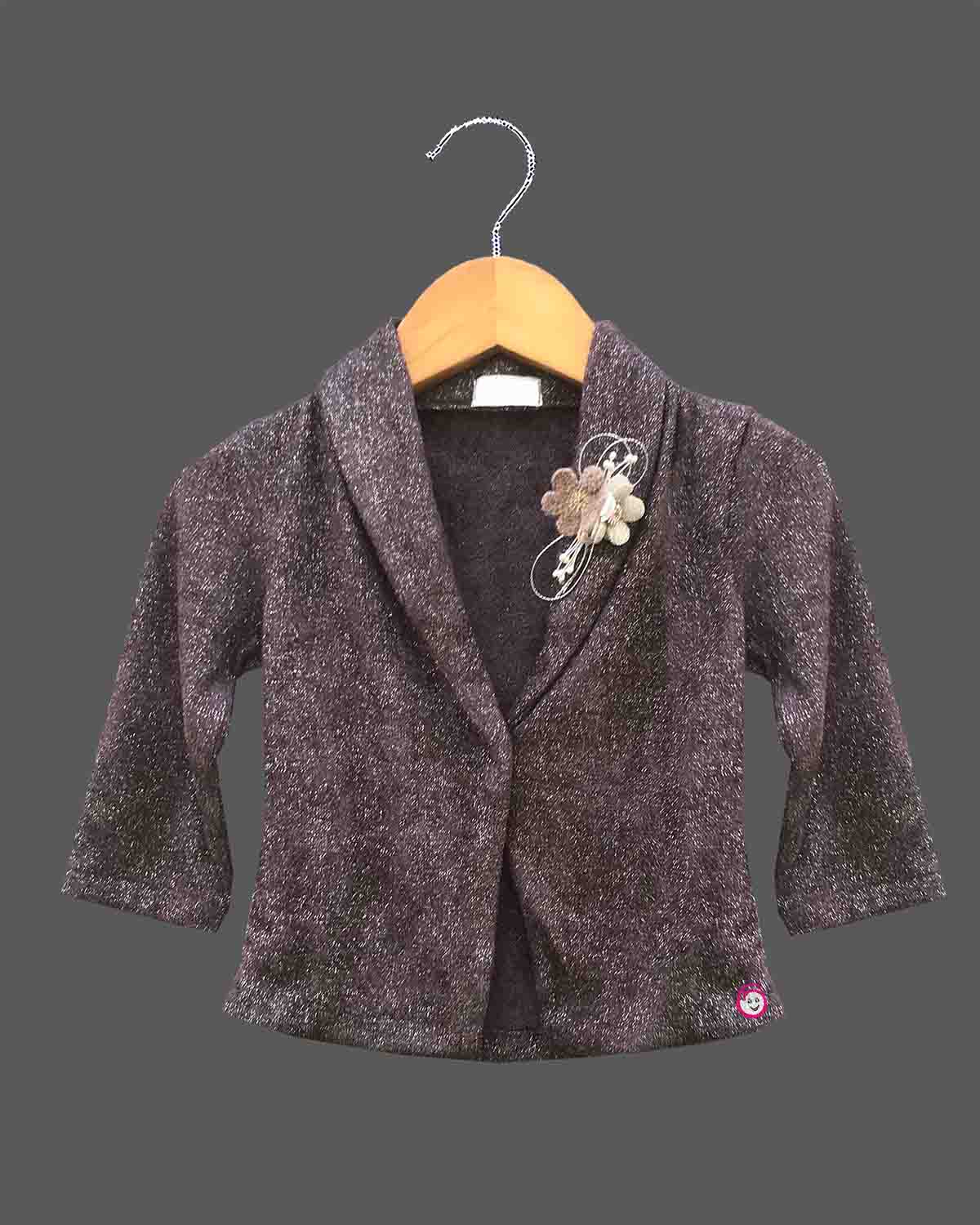 Baby girl shimmer jacket midi dress with floral brooch appliqué for birthday parties and festive celebrations.