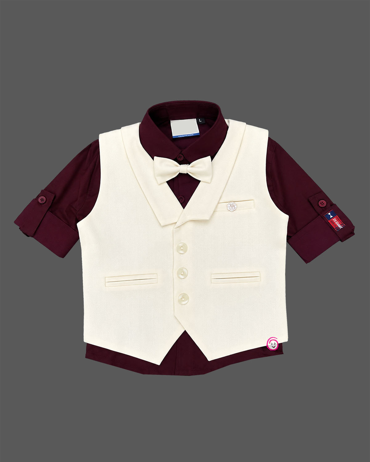 Boys waistcoat suit set with formal lapel vest, roll-up sleeve dress shirt, bow tie, and pant.