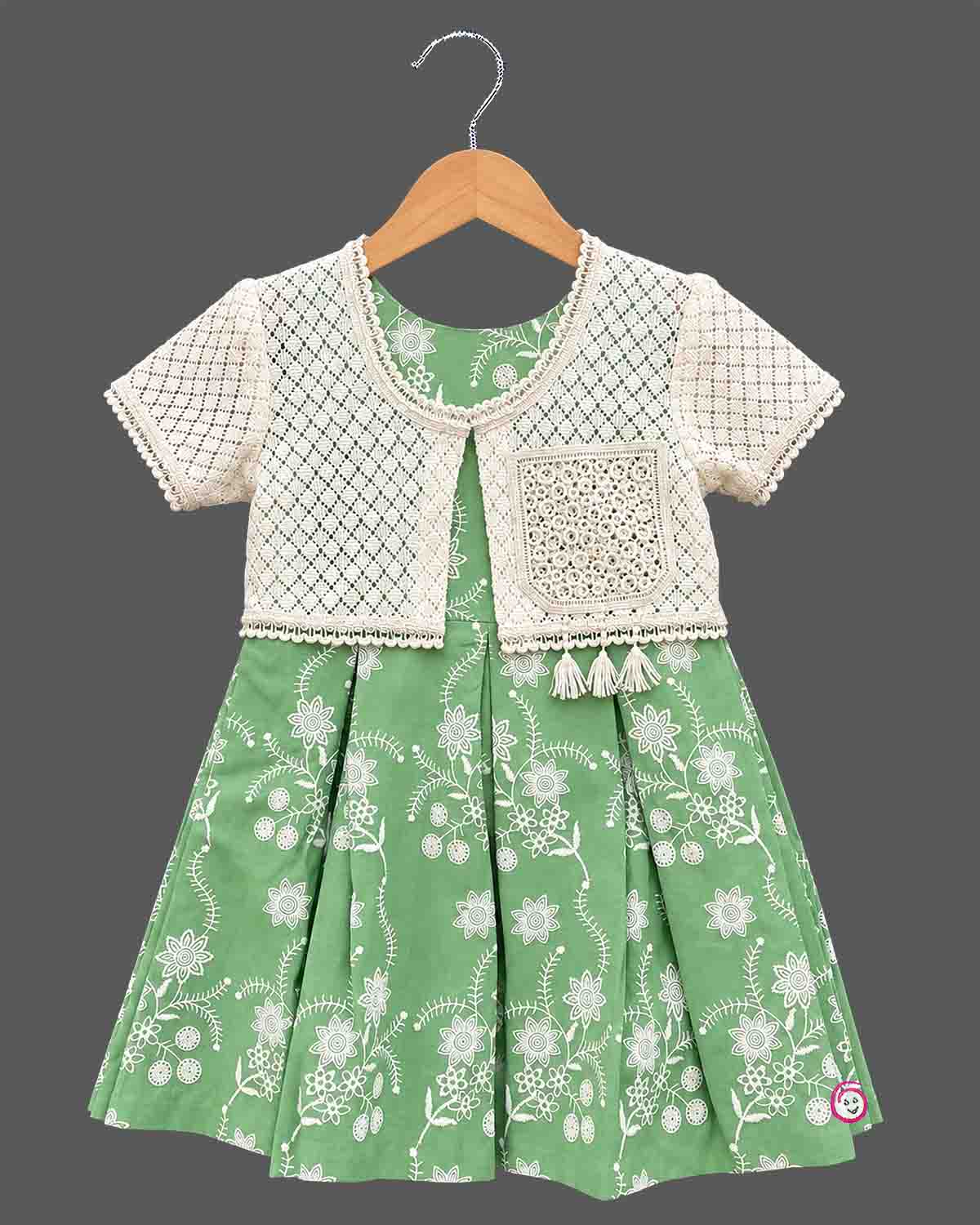 Toddler sage green floral embroidered cotton frock with off white lace jacket for casual wear