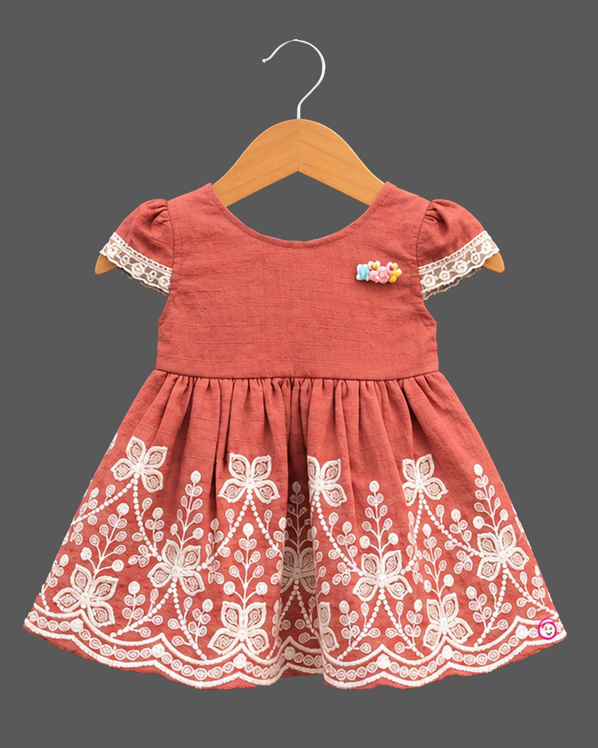 Embroidered casual frock for baby girl with scalloped hem and cap sleeves for festive parties