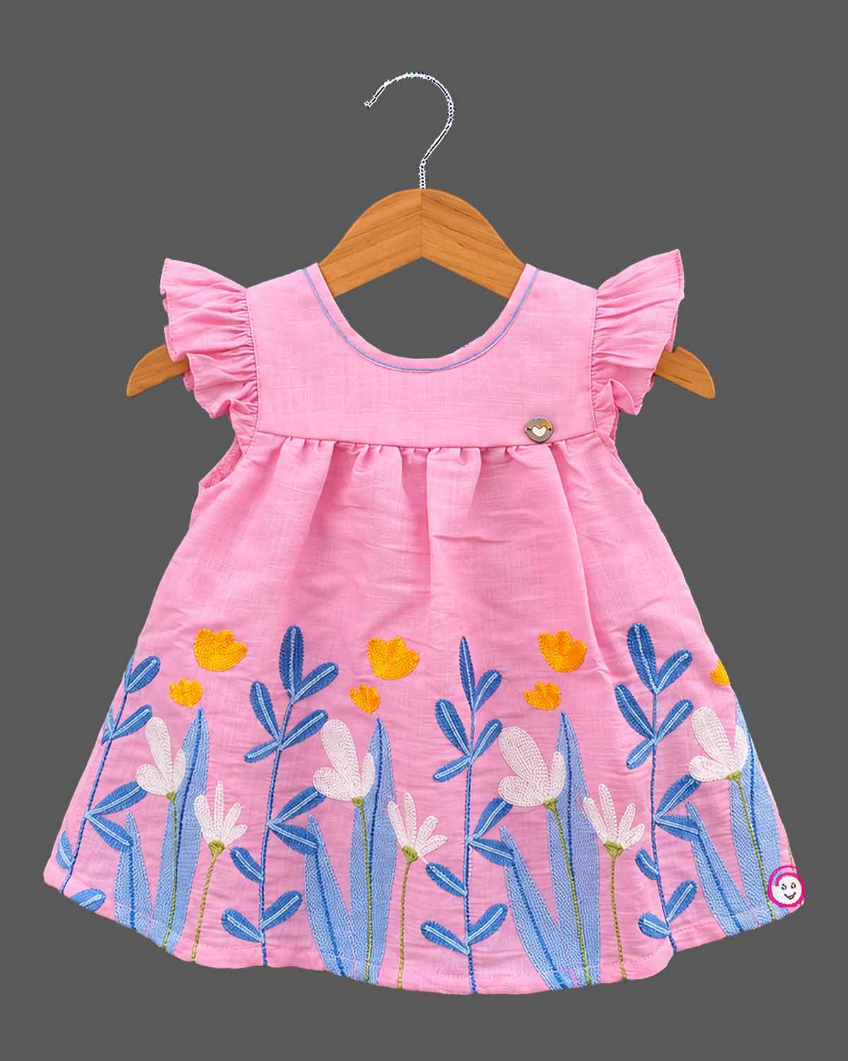 Toddler embroidered flared frock featuring a botanical hem and frilled sleeves
