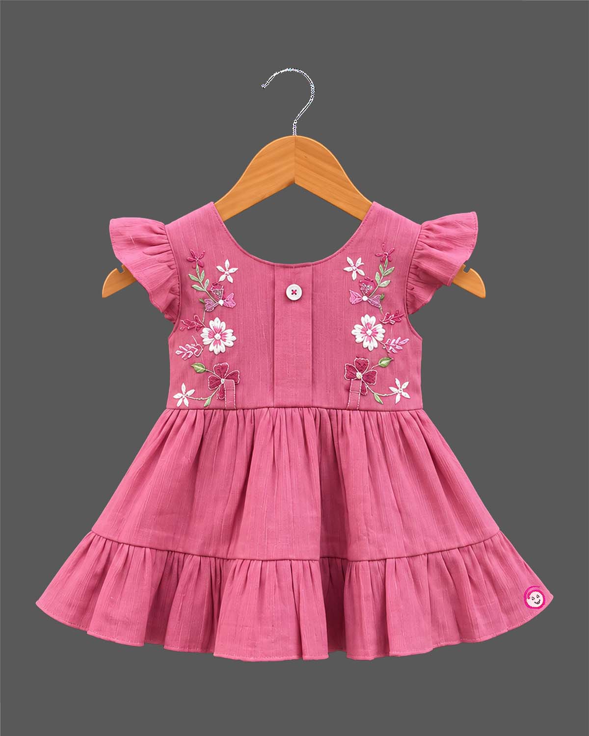 Baby girl embroidered cotton frock featuring flutter sleeves and a tiered skirt for casual wear.