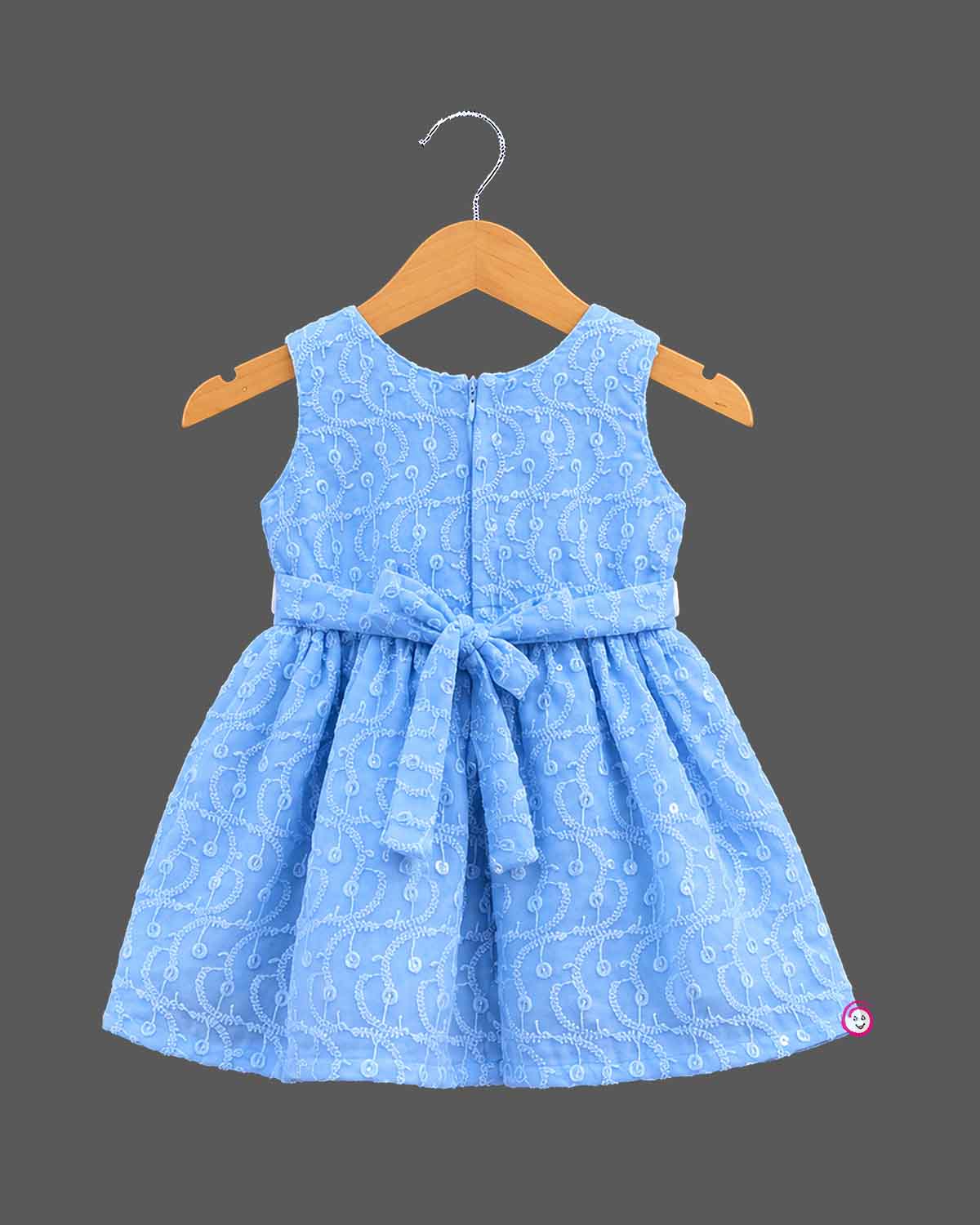 Baby girl embroidered frock with satin sash and floral applique for birthday party