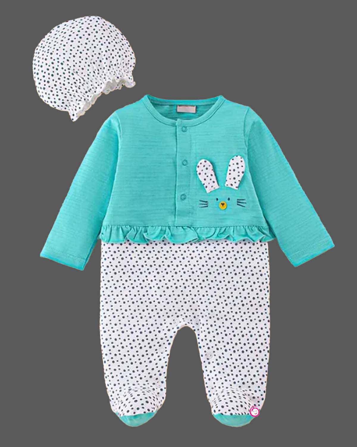 Girls full sleeves rabbit detailed romper with cap - Sea Green