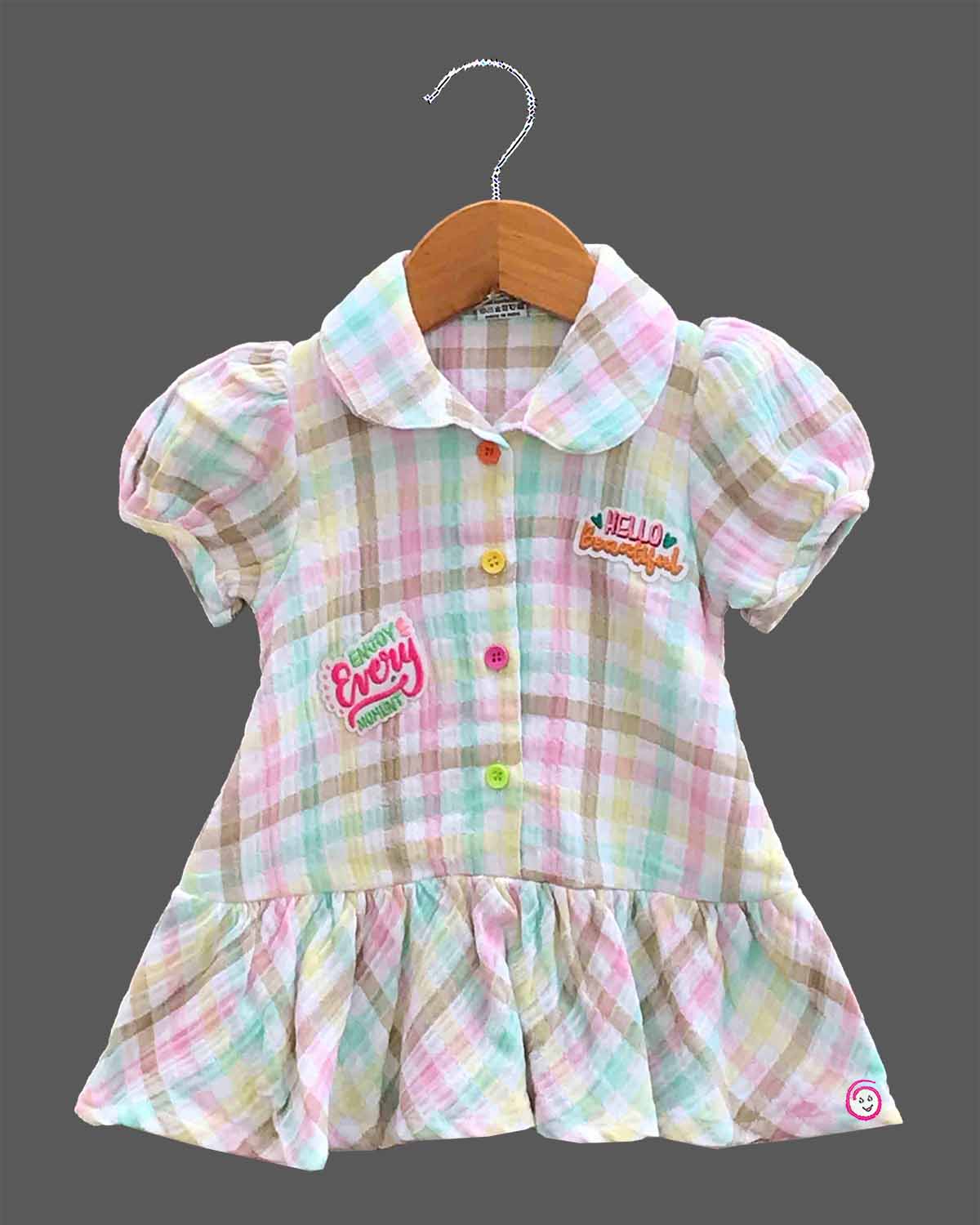 Baby girl checked cotton casual frock with peter pan collar and puff sleeves for summer picnics