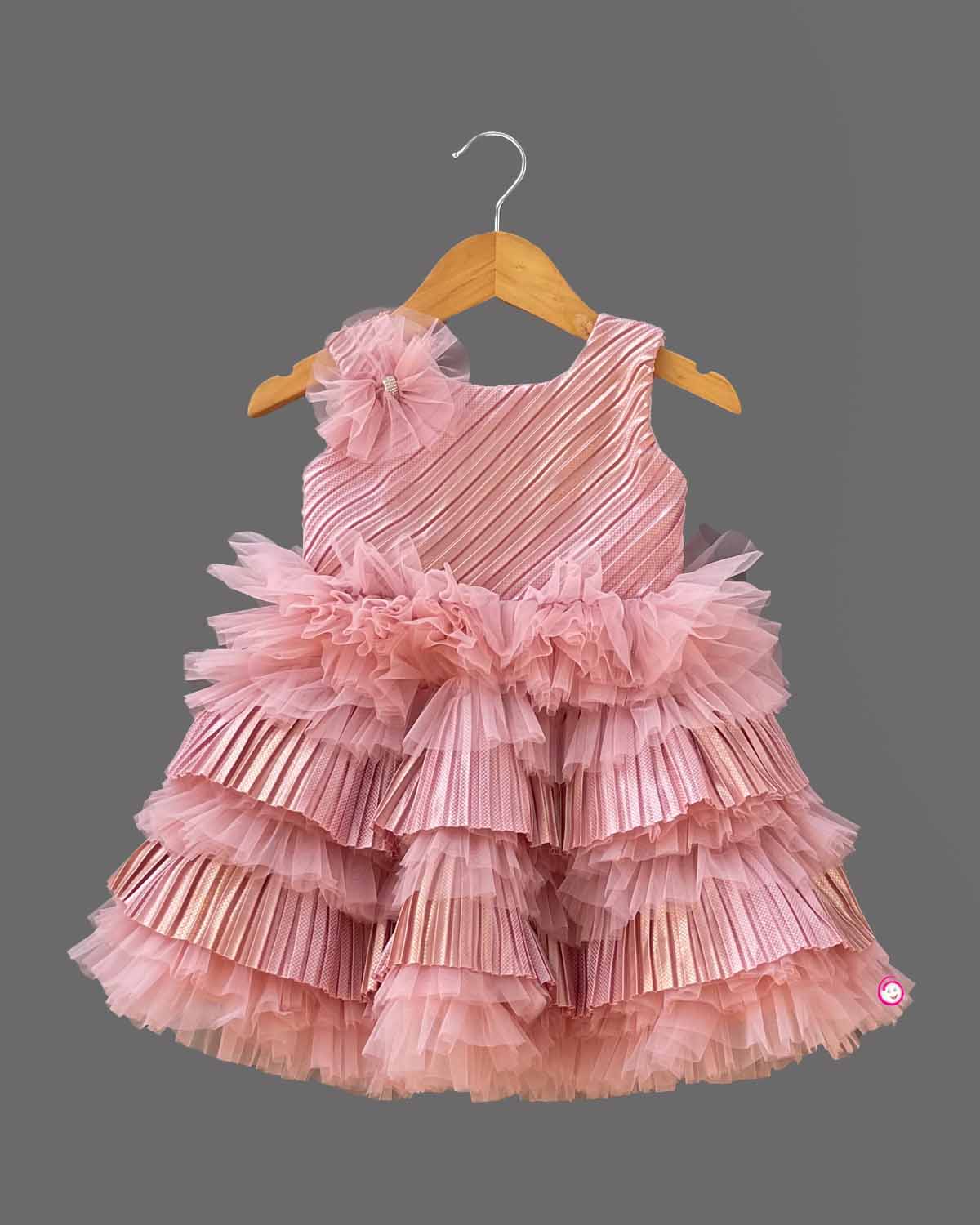 Girls bow applique party frock - Rose Pink