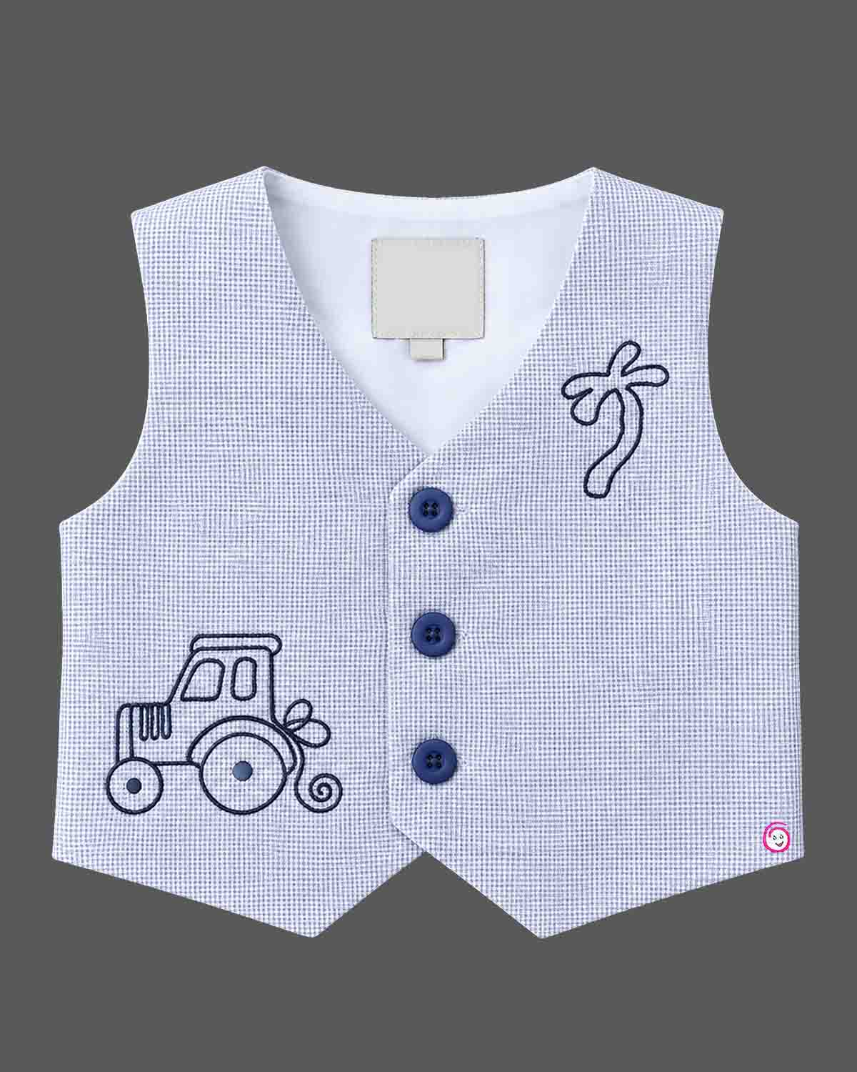 Indo western dress for boys featuring a structured waistcoat, shirt, bow tie, and pant with embroidered accents.