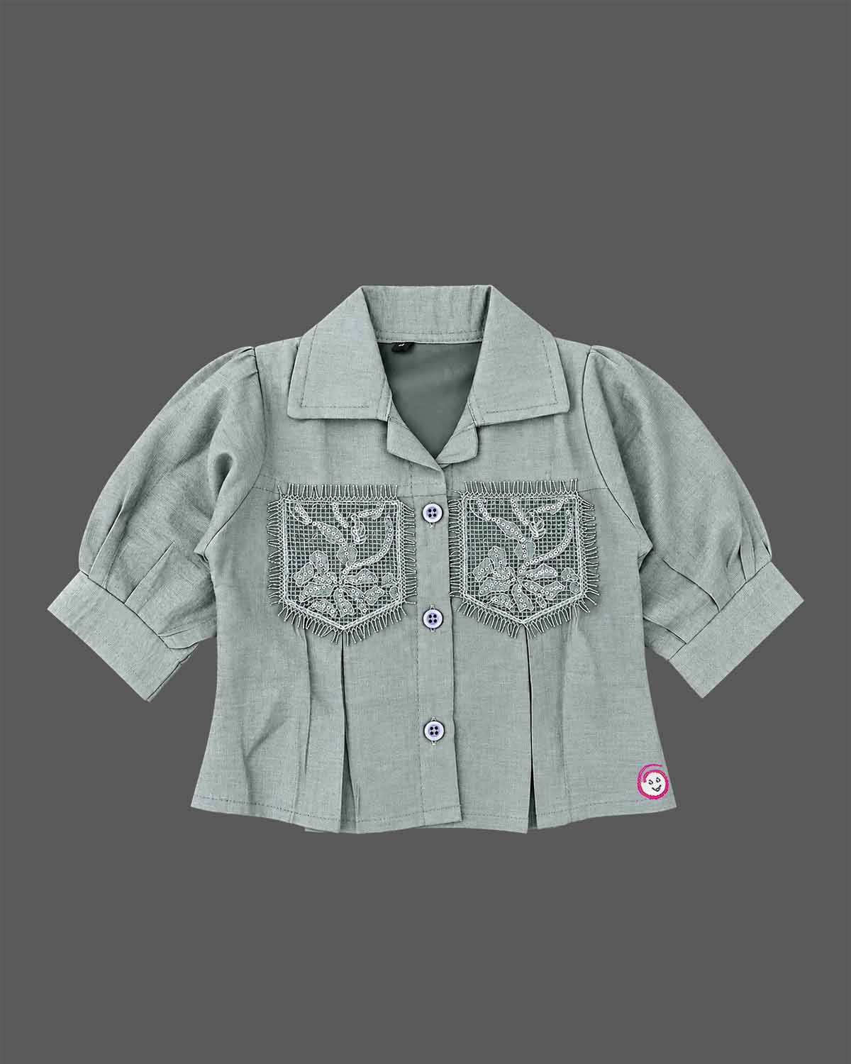 Little girl embroidered pocket shirt with elbow sleeve for garden party wear