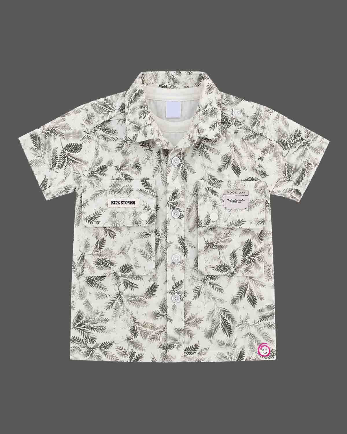 Kids leaf print button-down shirt and cargo shorts forming an indo western dress for boys