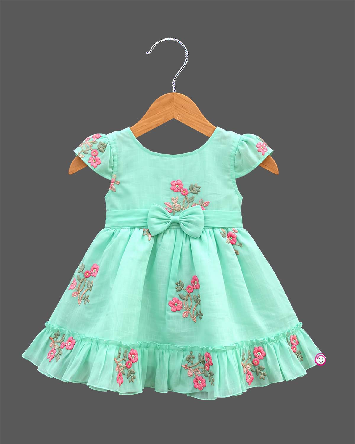 Infants frock with floral embroidery bow detail for casual wear