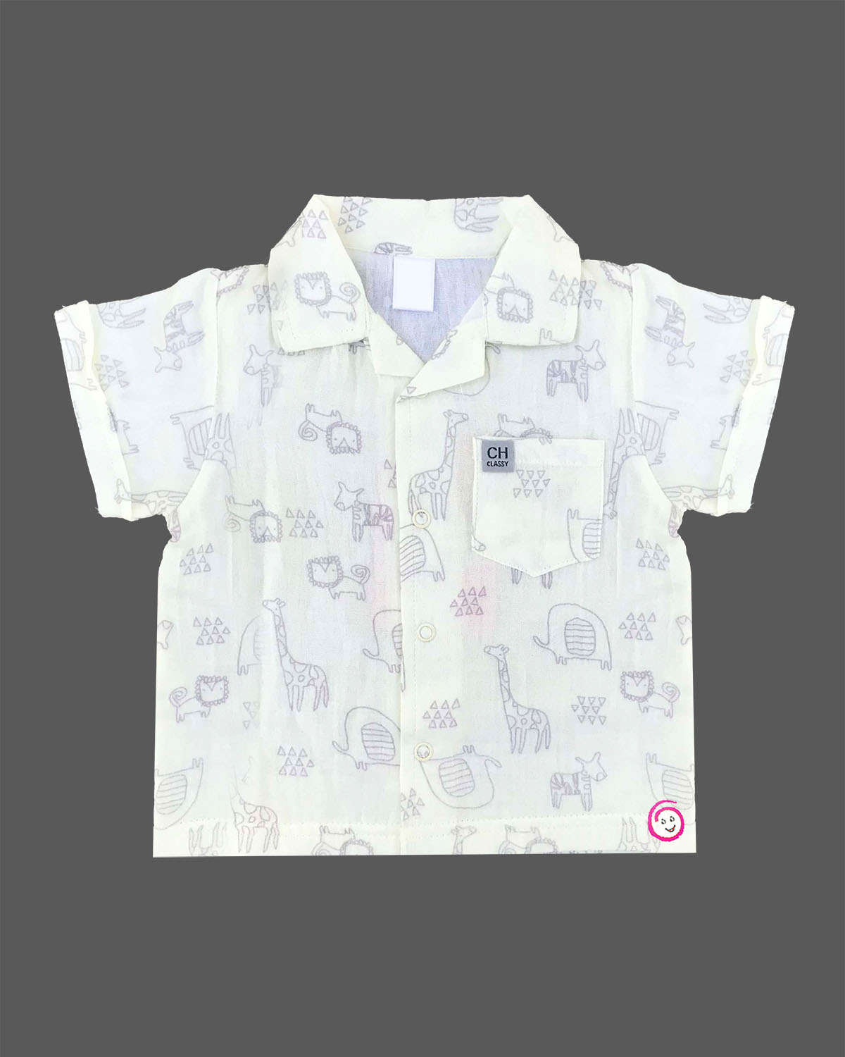 White safari animal doodle print baby boy top and shorts set for summer vacations, playdates, and park outings