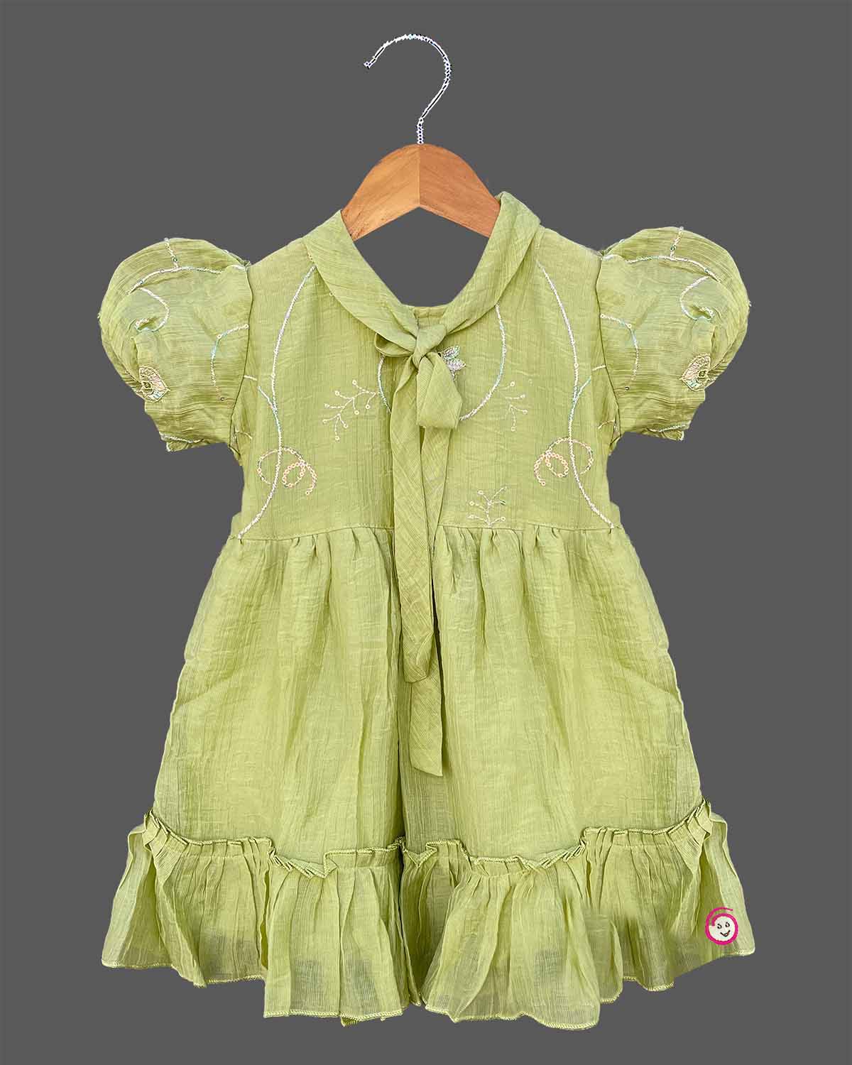 Olive green toddler embroidered casual frock with puff sleeves and bow tie