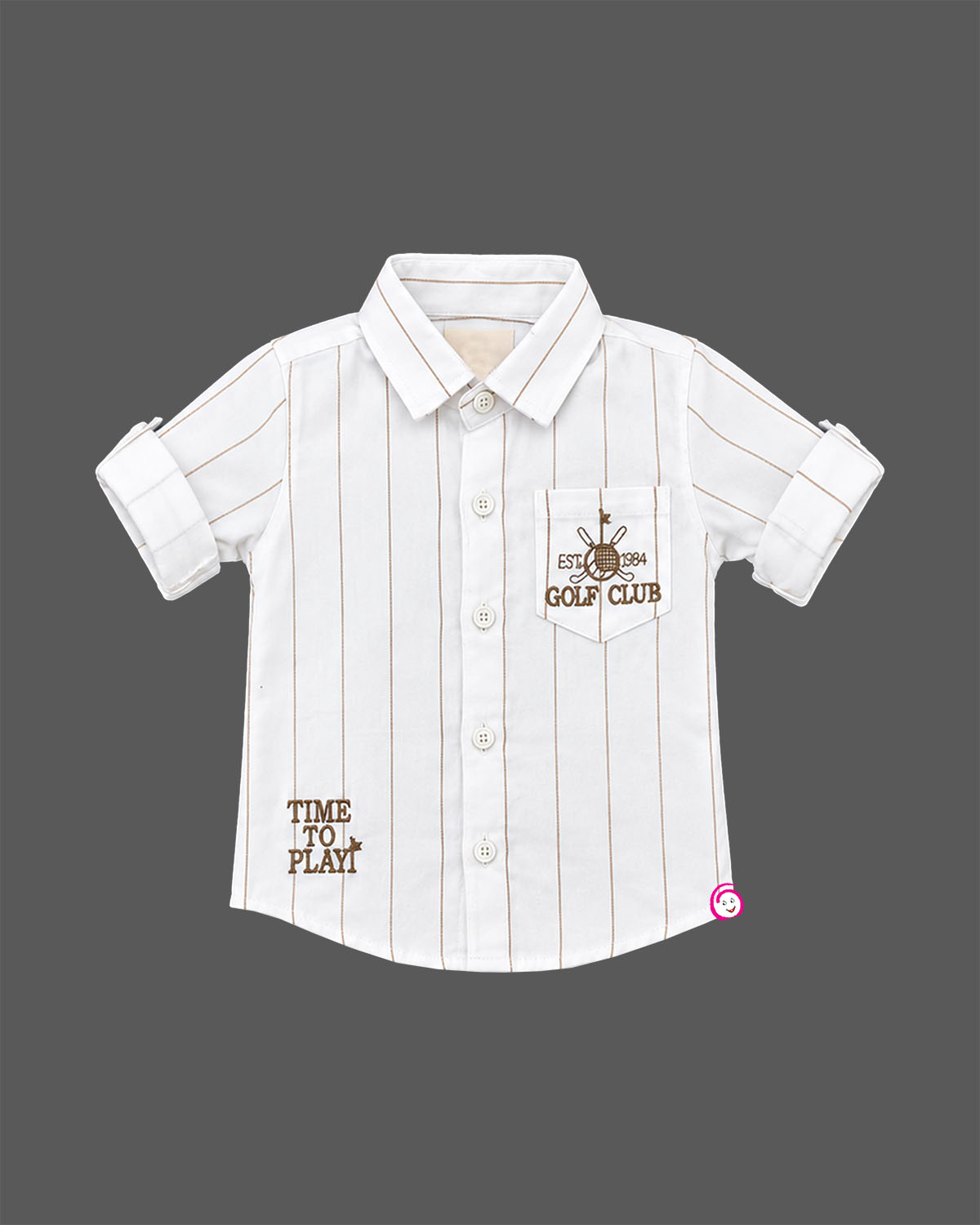 Pinstriped short-sleeve shirt and cargo trousers set designed as party wear for boys with embroidered pocket detail.