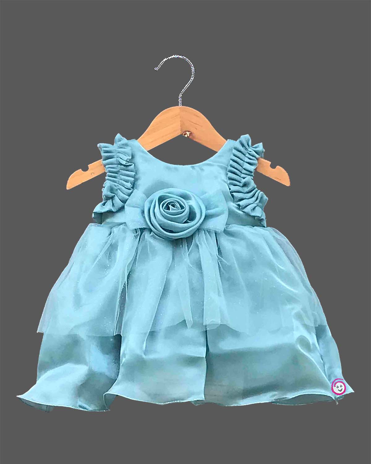 Aqua blue toddler net frock with rose flower applique for birthday party