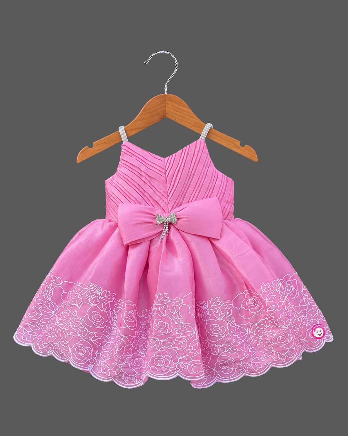 Little Girl Pink Embroidered Net Party Frock with Bow Detail and Scalloped Hemline