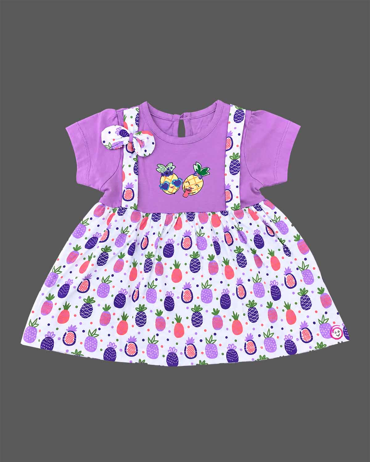 Infant cotton frock with short sleeves and pinafore strap detailing for daily wear