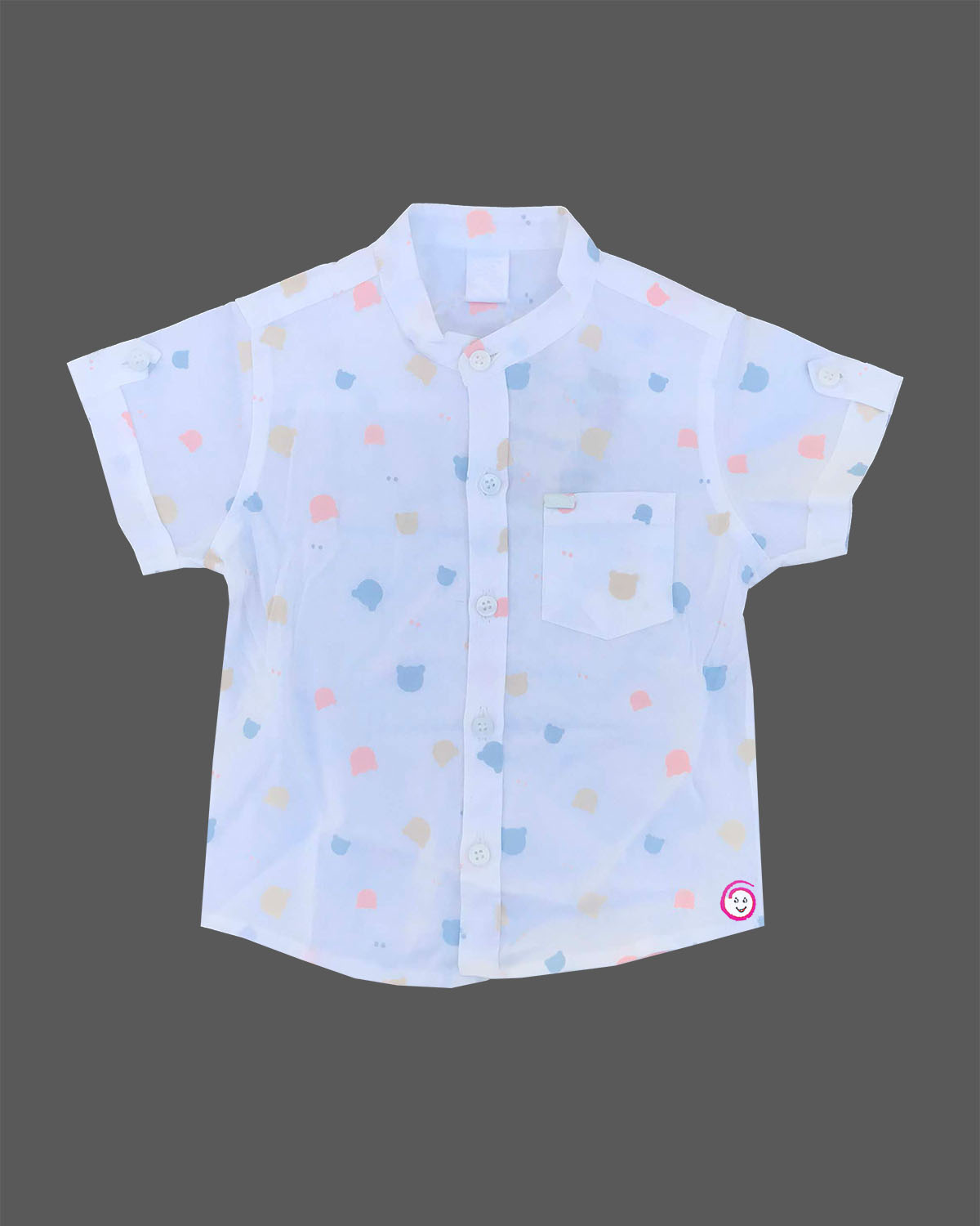 Trending baby boy mandarin collar top with all over teddy print paired with smart casual adjustable suspender shorts set for toddler birthday clothing