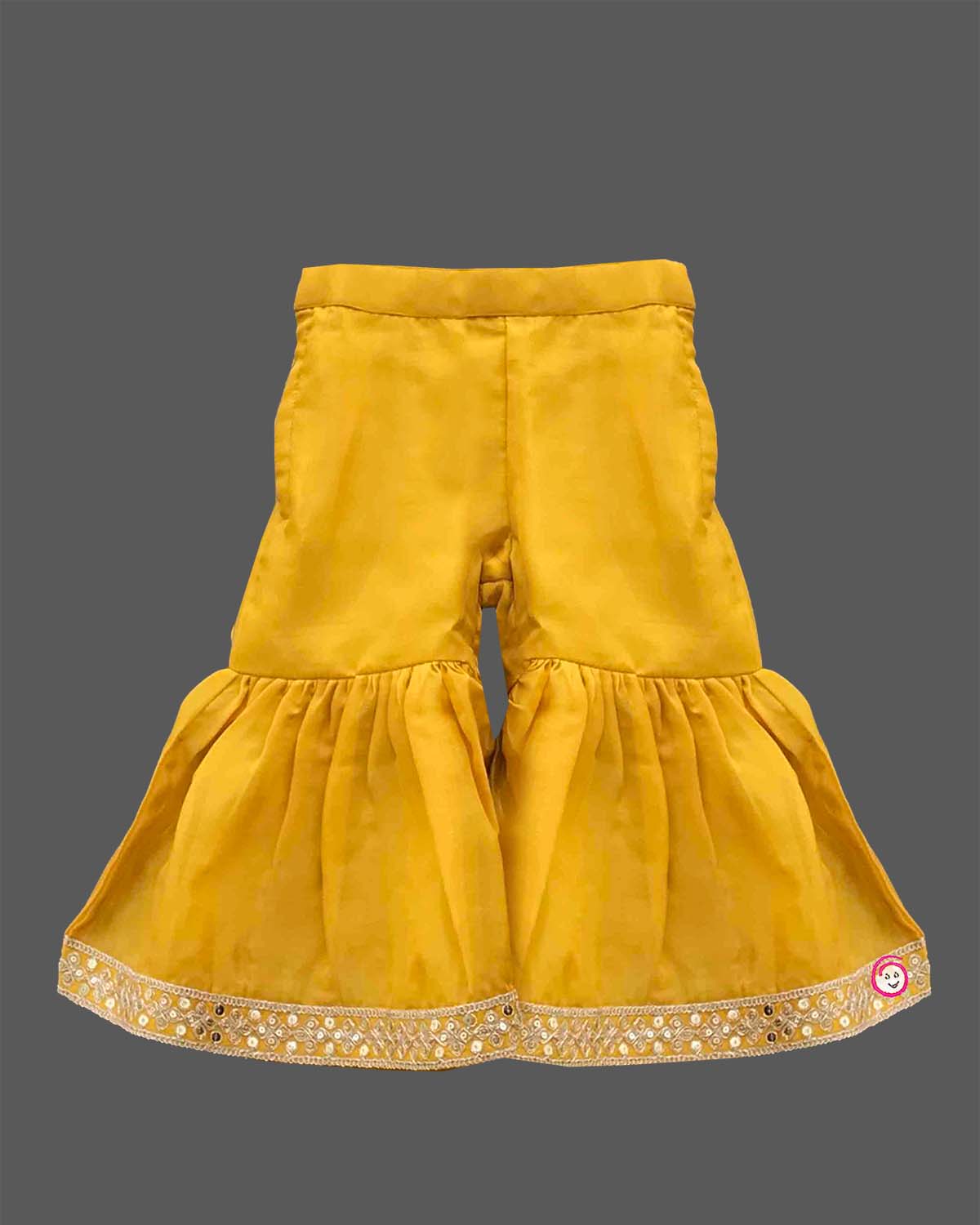 Toddler girls traditional embroidered silk short kurti flared sharara bottom set for festive wear