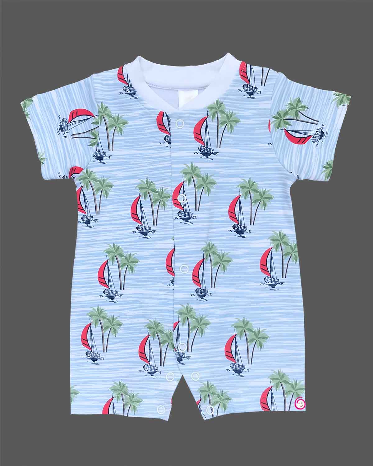 Kids boat printed half romper - Sky Blue