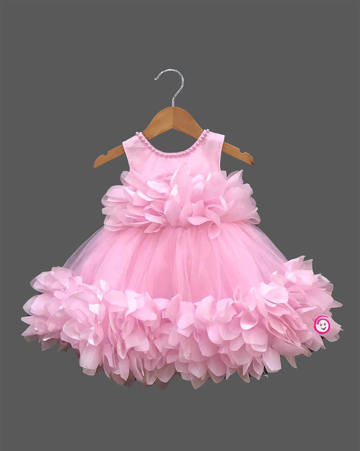 Little princess organza petal frock with pearl neck embellishment for girls party wear