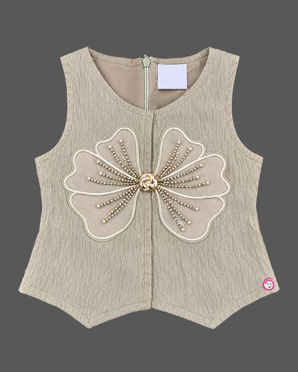 Toddler girl pleated vest and trouser set with pearl floral applique for party wear