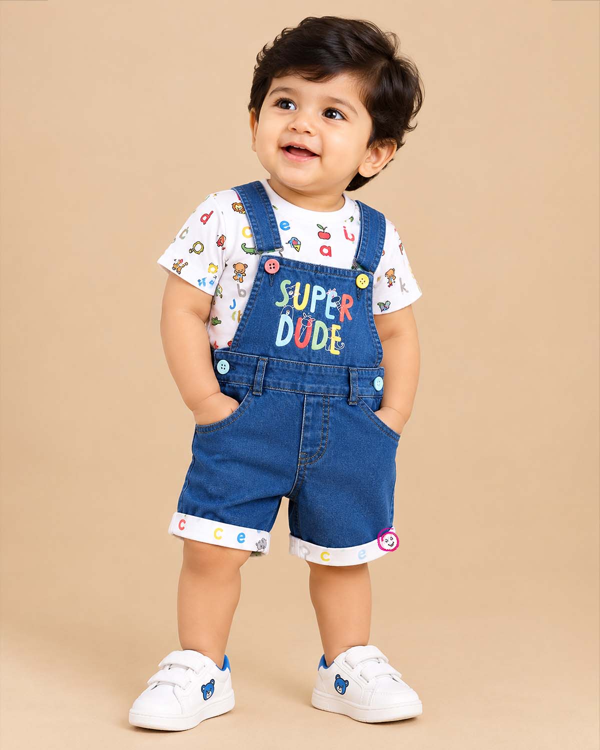 Boys dungaree set with alphabet print t-shirt and denim shorts