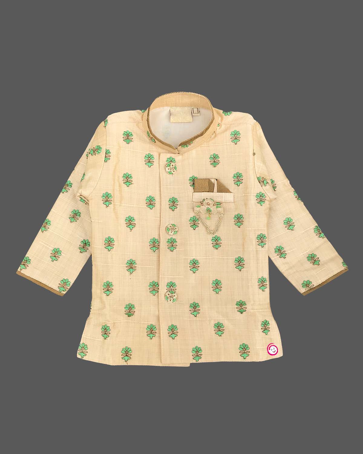 Boys silk blend floral motif sherwani set with mandarin collar and elasticated pyjamas for festive ceremonies and wedding events.