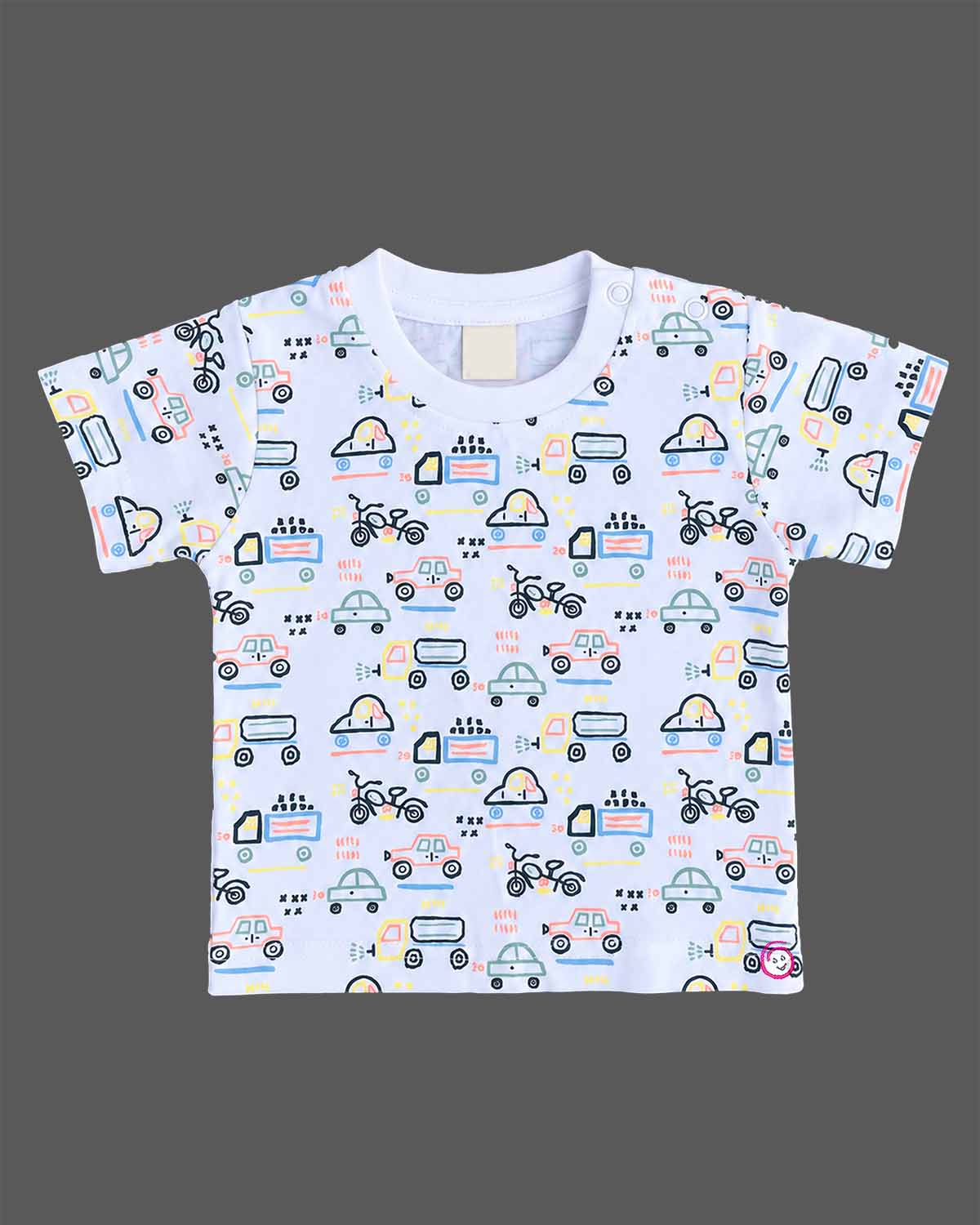 Boys dungaree set featuring short sleeve car print tee and olive dungaree shorts