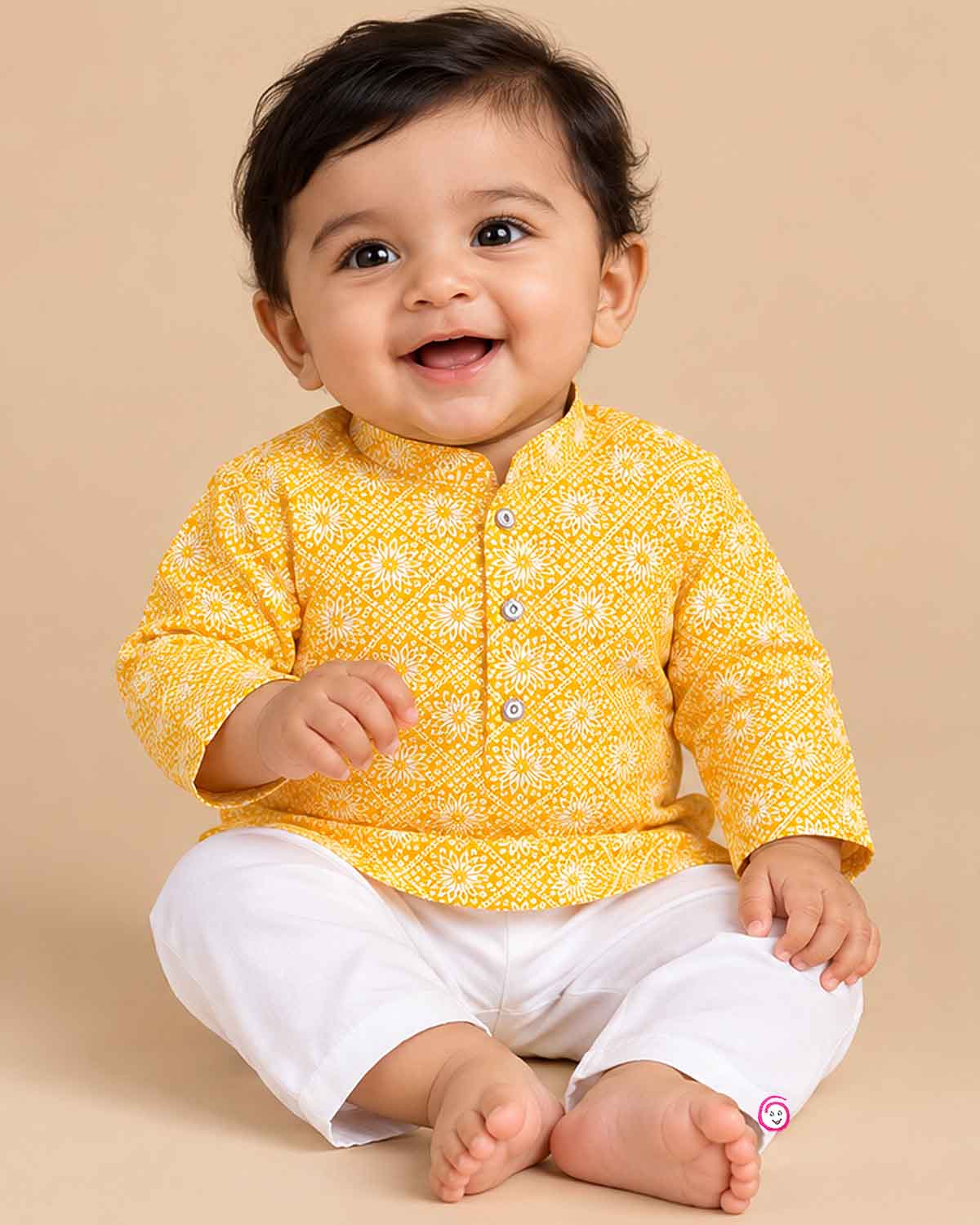Baby boy printed ethnic kurta and dhoti pant set with mandarin collar and front placket buttons for pooja celebrations.
