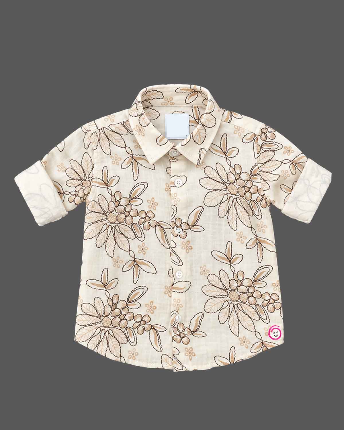 Baby boy floral embroidered cotton shirt with roll up sleeves and spread collar