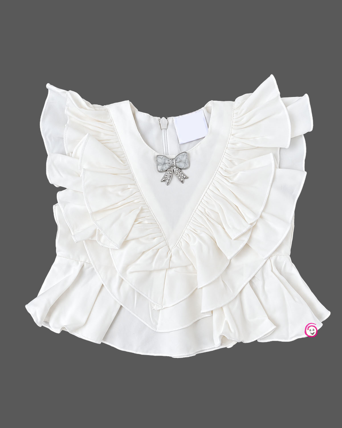 Ruffled top and denim pant baby party wear dress with embellished bow detail.