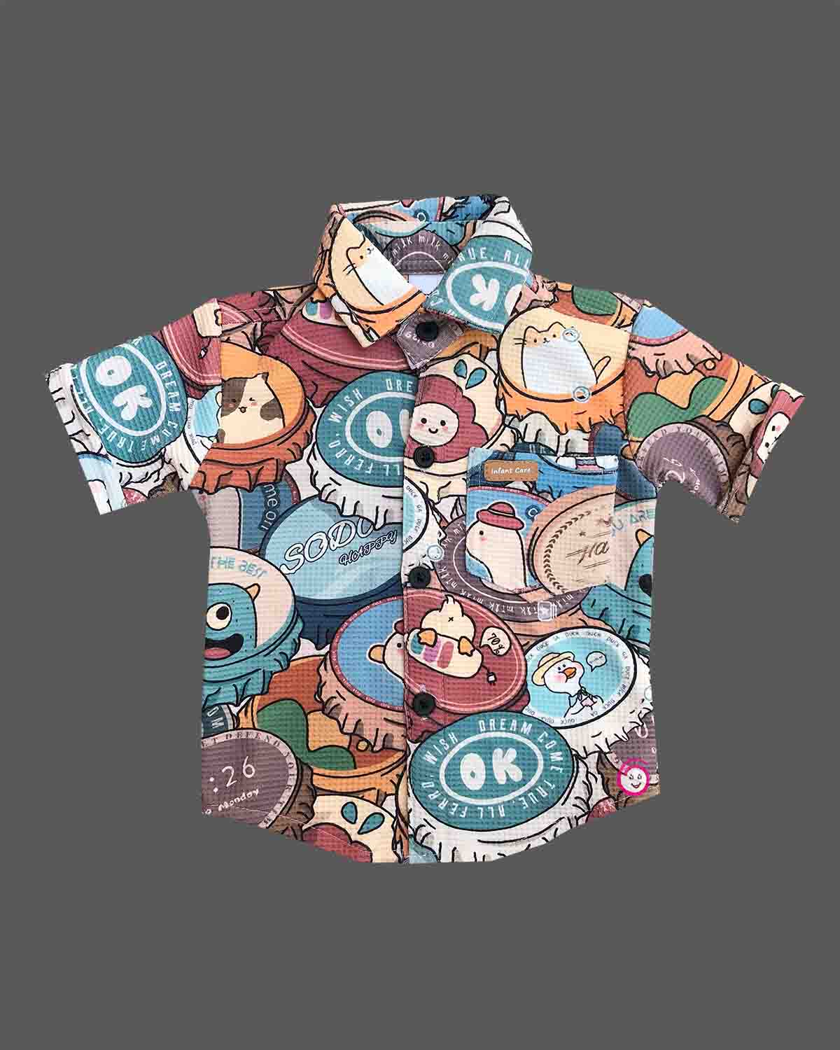 Baby boy playful graphic print short sleeve button-down shirt and matching drawstring shorts set for kids everyday playwear