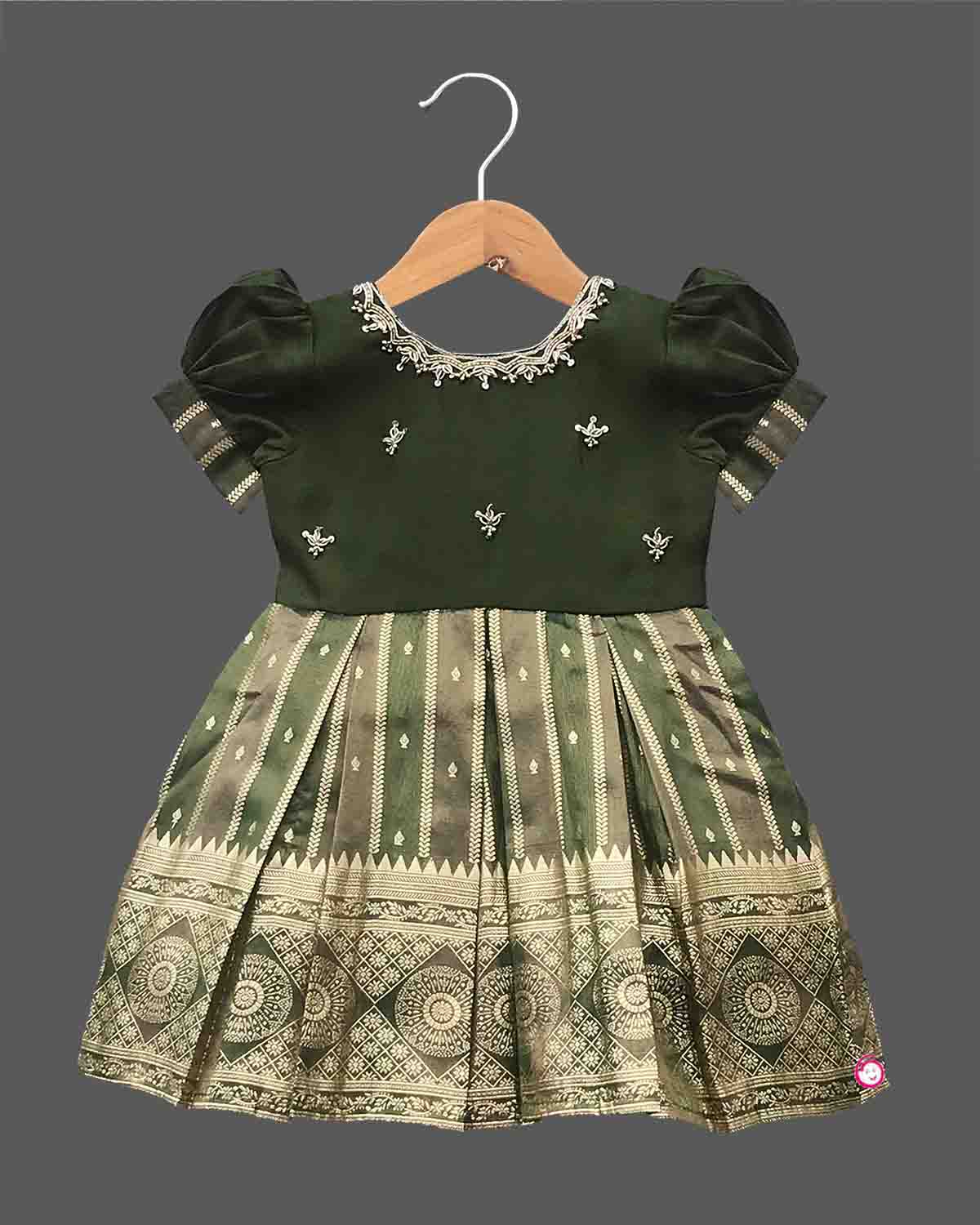 Girls aari work with traditional frock - Dark Green