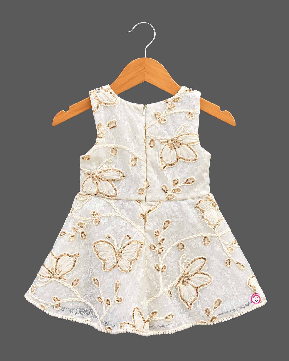 Kids party wear dress featuring sequin butterfly lace frock and matching textured jacket