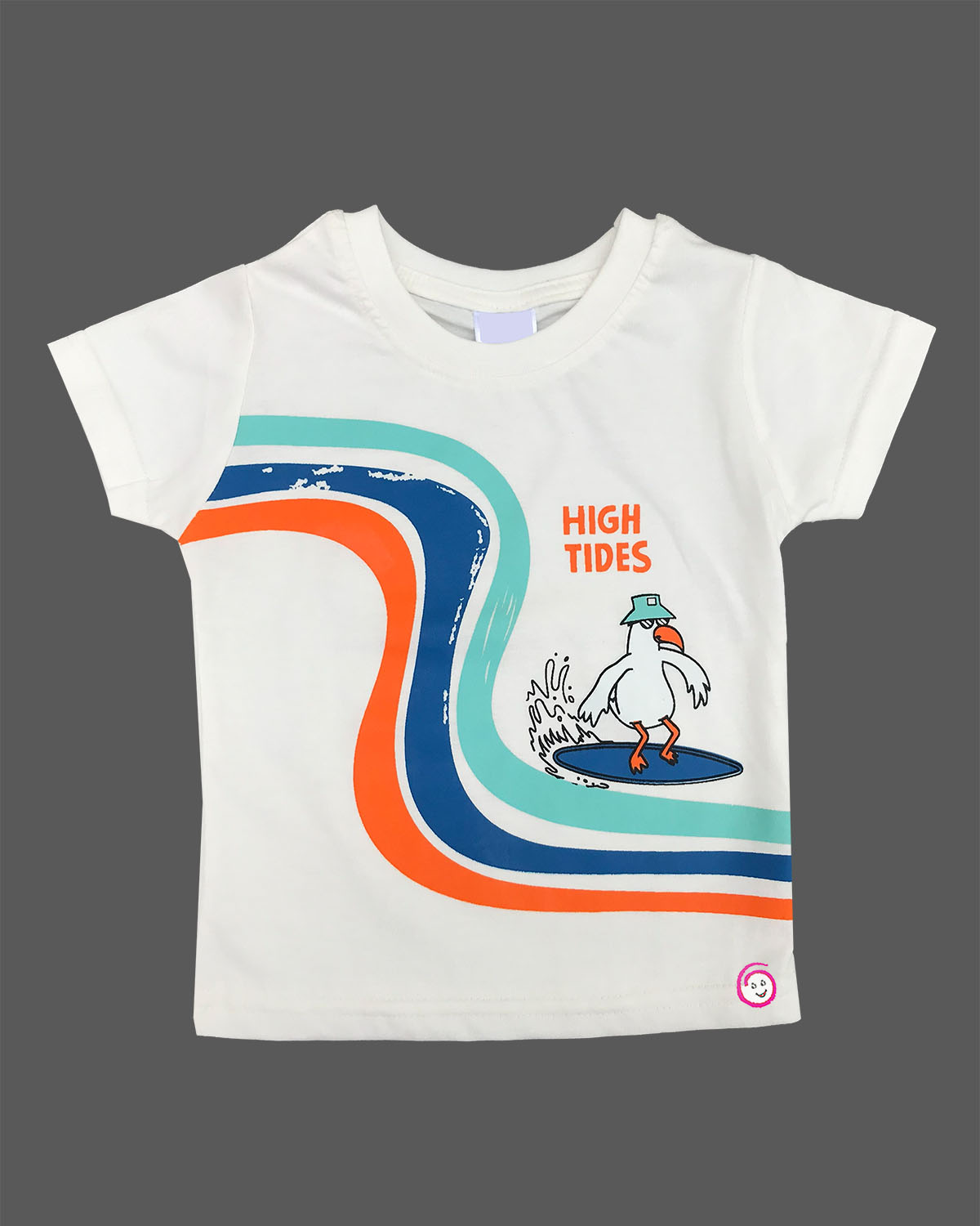 White graphic t-shirt with High Tides surfing seagull print and royal blue elasticated shorts baby boy top and shorts set for summer vacations, playdates, and park outings