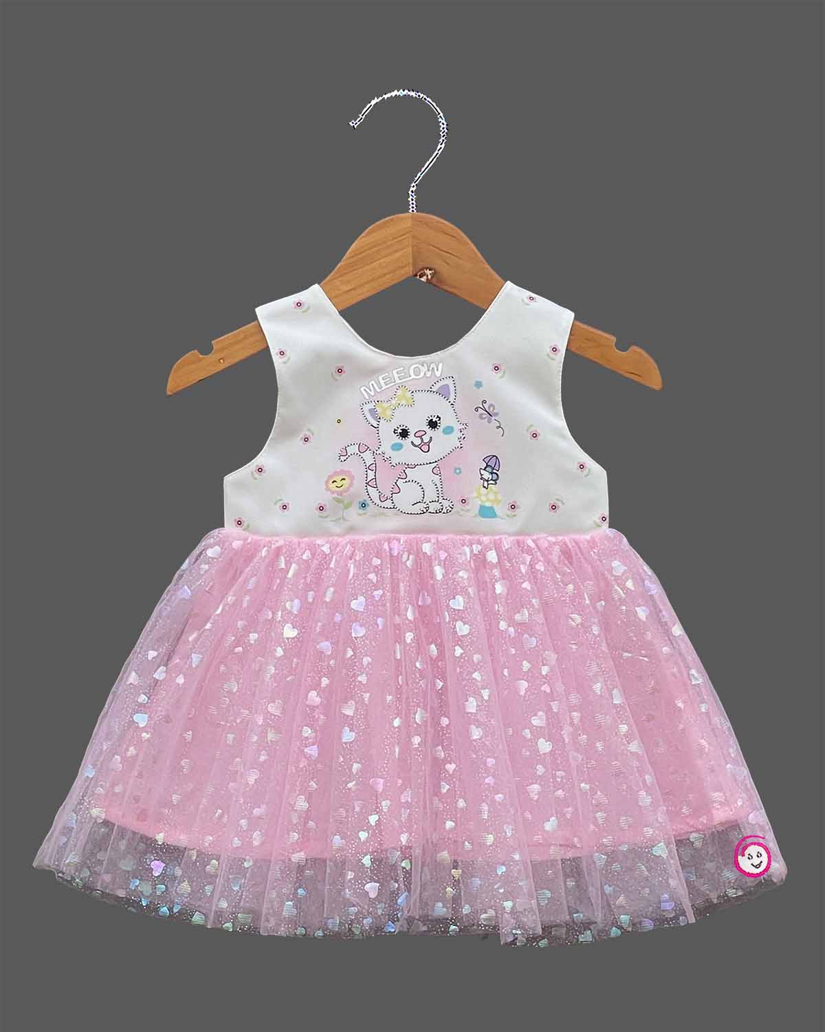 Baby girl white and pink net frock with cute cat graphic print and heart net skirt