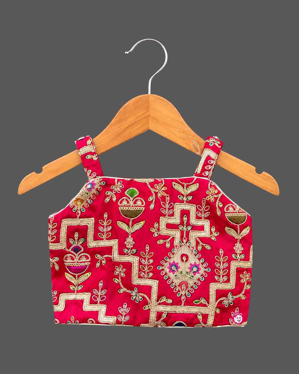 Zari embroidered kids palazzo set featuring a sleeveless long jacket and pleated palazzo pants