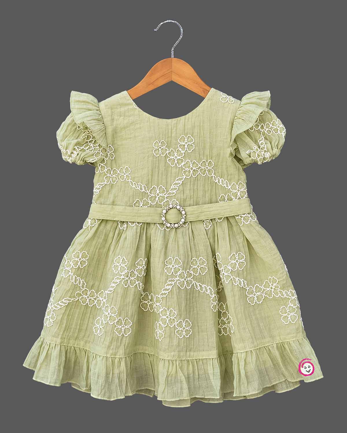 Cotton Frock For Baby Girl with floral embroidery, flutter puff sleeves, buckle belt and tiered ruffle hem